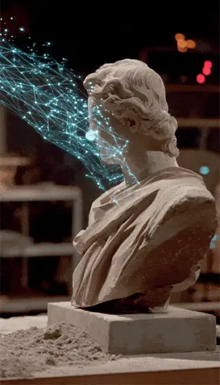 light beams reading a white bust statue sitting on a table