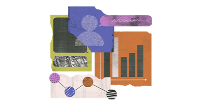 Illustration representing research showing an avatar of a person, graphs and speech bubbles displaying