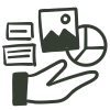 Illustration of a hand holding artefacts including an image, a pie chart and a speech bubble