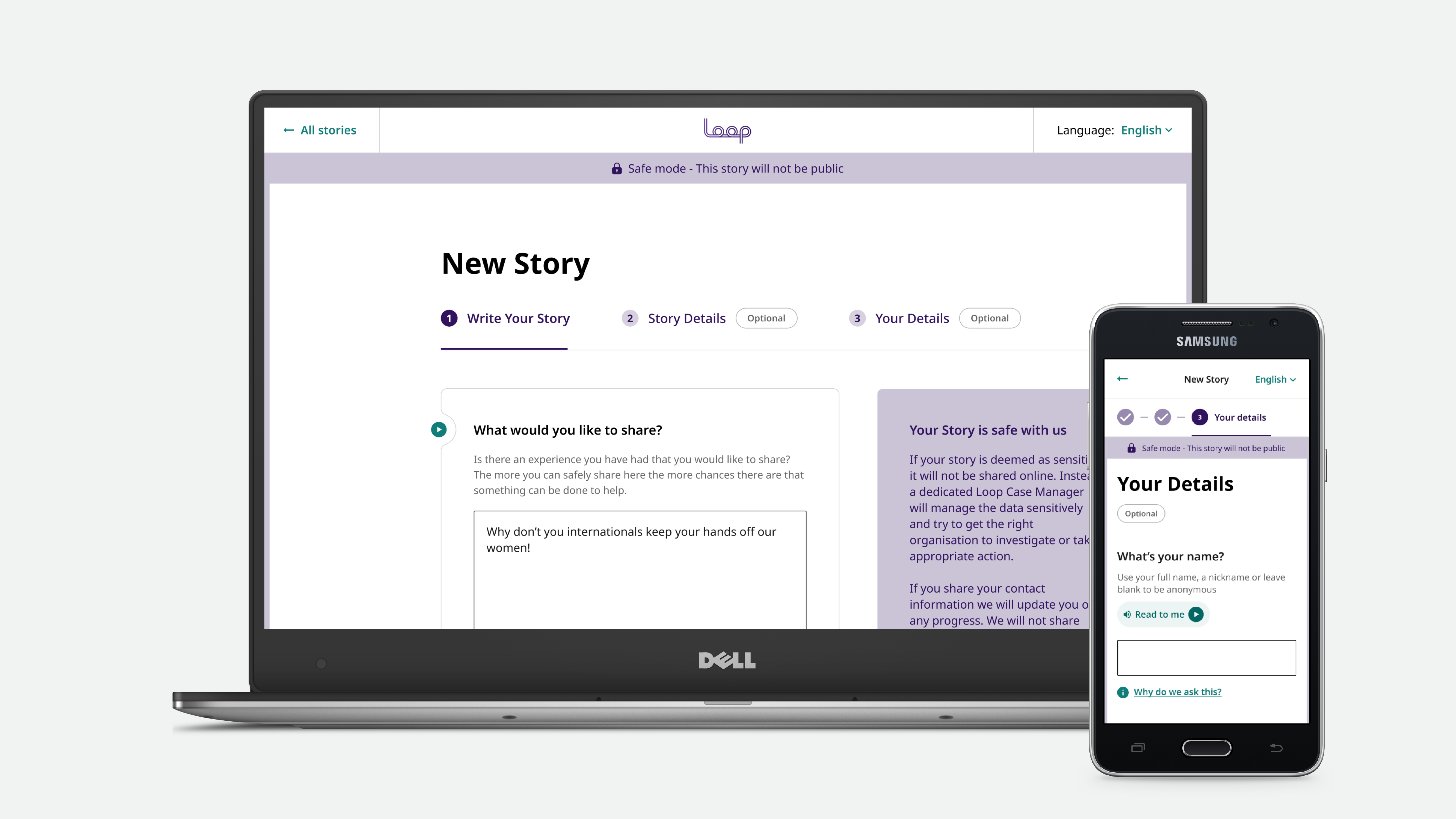 Mock-up of a laptop containing TalkToLoop.org's New Story UI as well as a smartphone displaying the same UI to the right