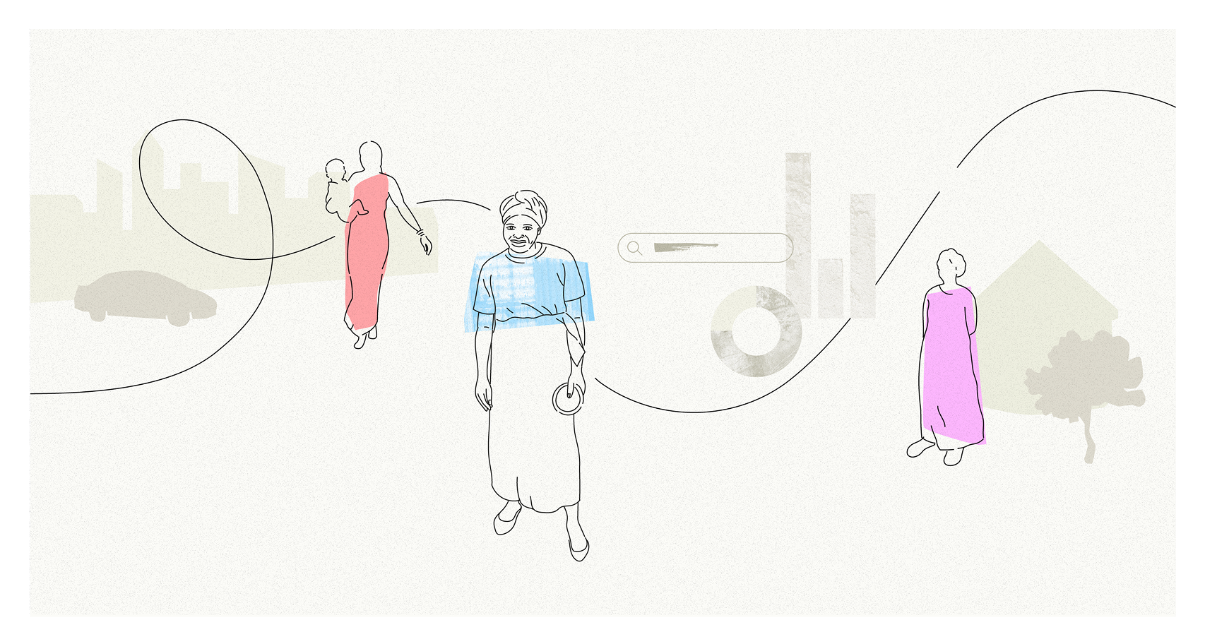 Illustration of a woman standing in the centre of the screen with a woman carrying a baby behind her to the left and woman standing in front of her home on the right. 