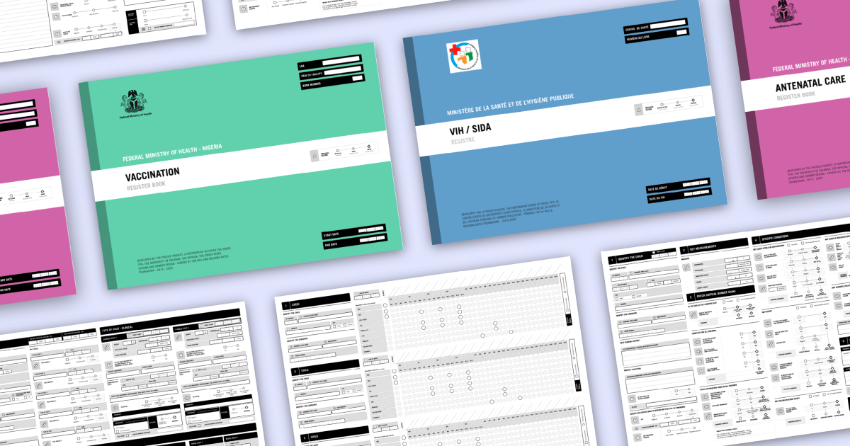 Paper medical record mock-ups sit on a purple background. Some have colourful front covers, other show forms with bold black and white grid lines and checkboxes