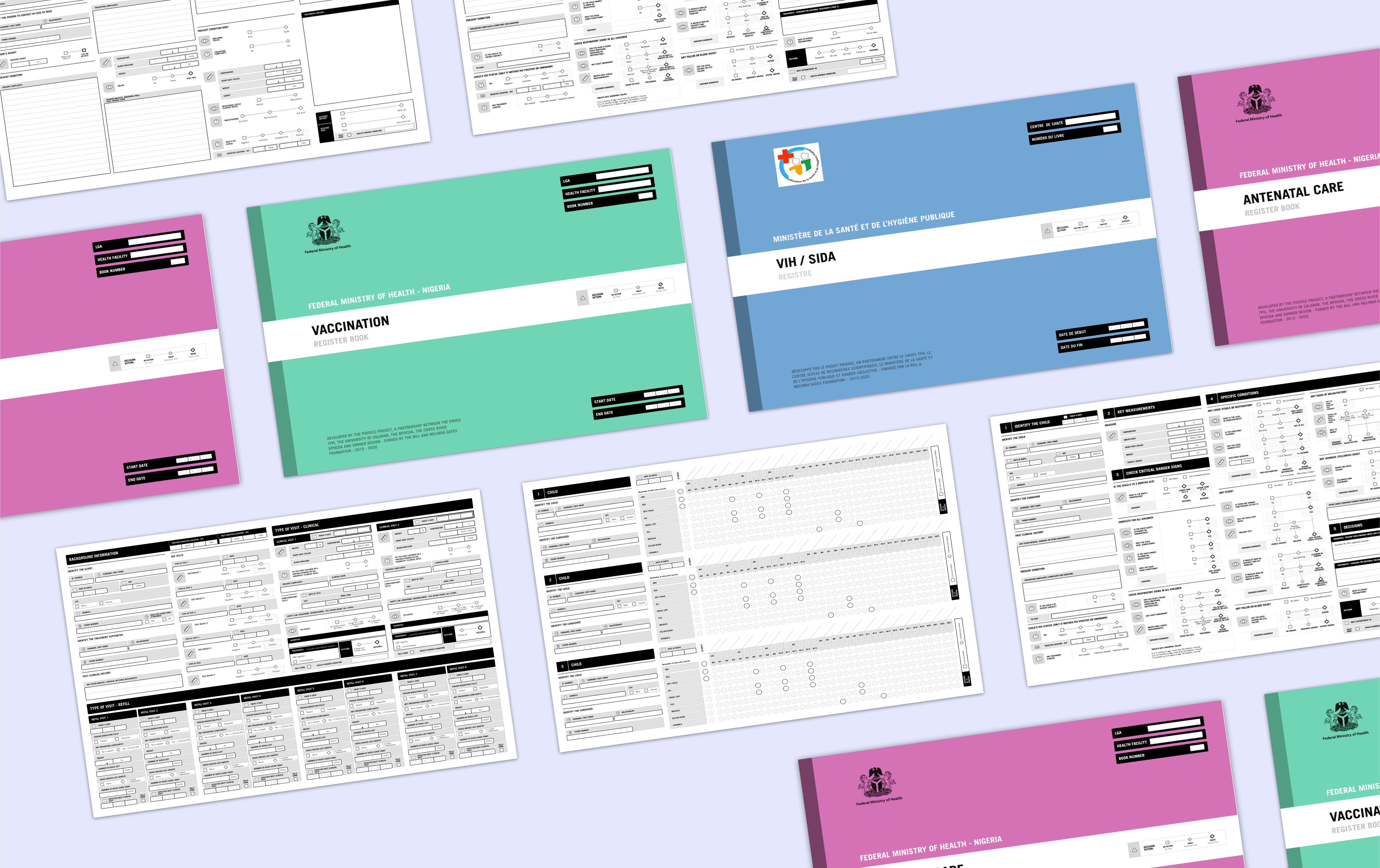 Multiple open and closed health register books from the Nigerian Federal Ministry of Health and the Ministry of Public Health, in green, blue, and purple covers, titled Vaccination, VIH/SIDA, and Antenatal Care, displayed on a pale blue background.