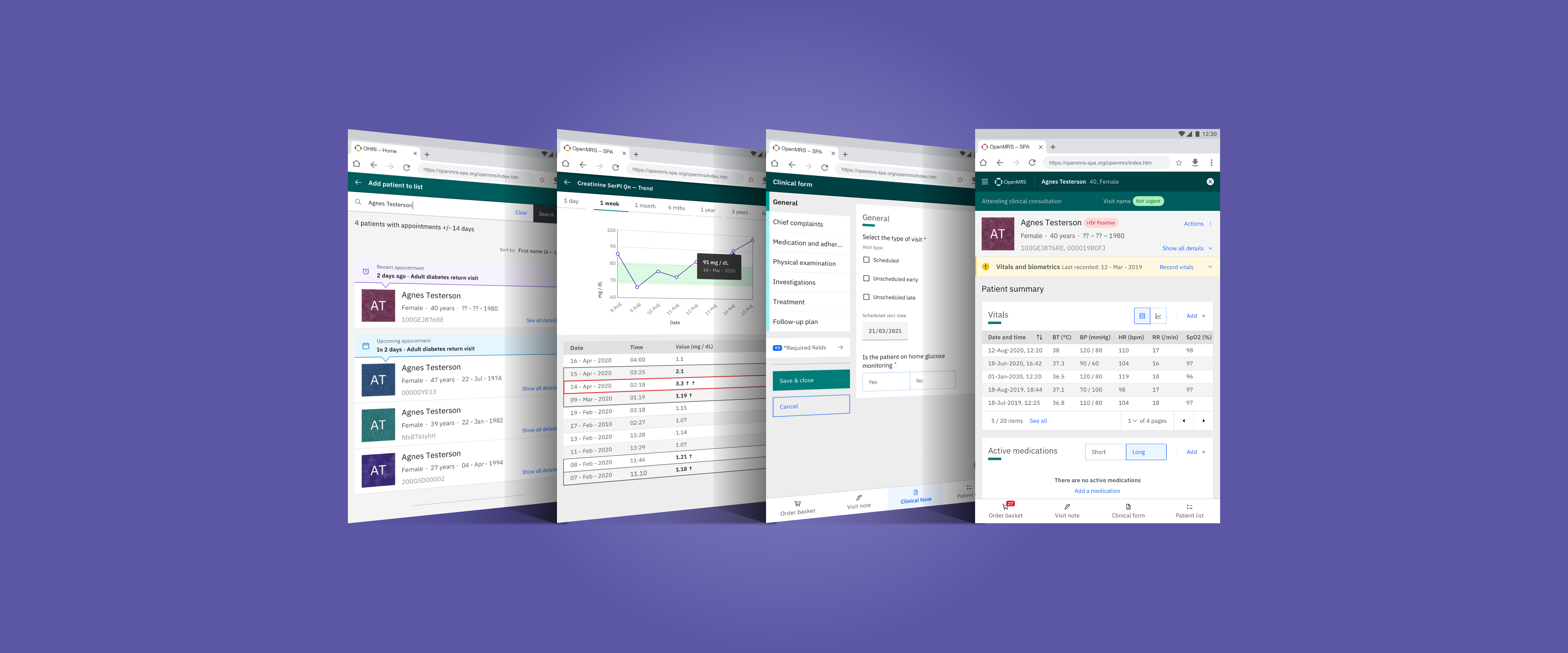 Four overlapping screenshots of a healthcare software interface displaying patient appointment lists, lab results graph, clinical form, and patient vitals summary on a purple background.