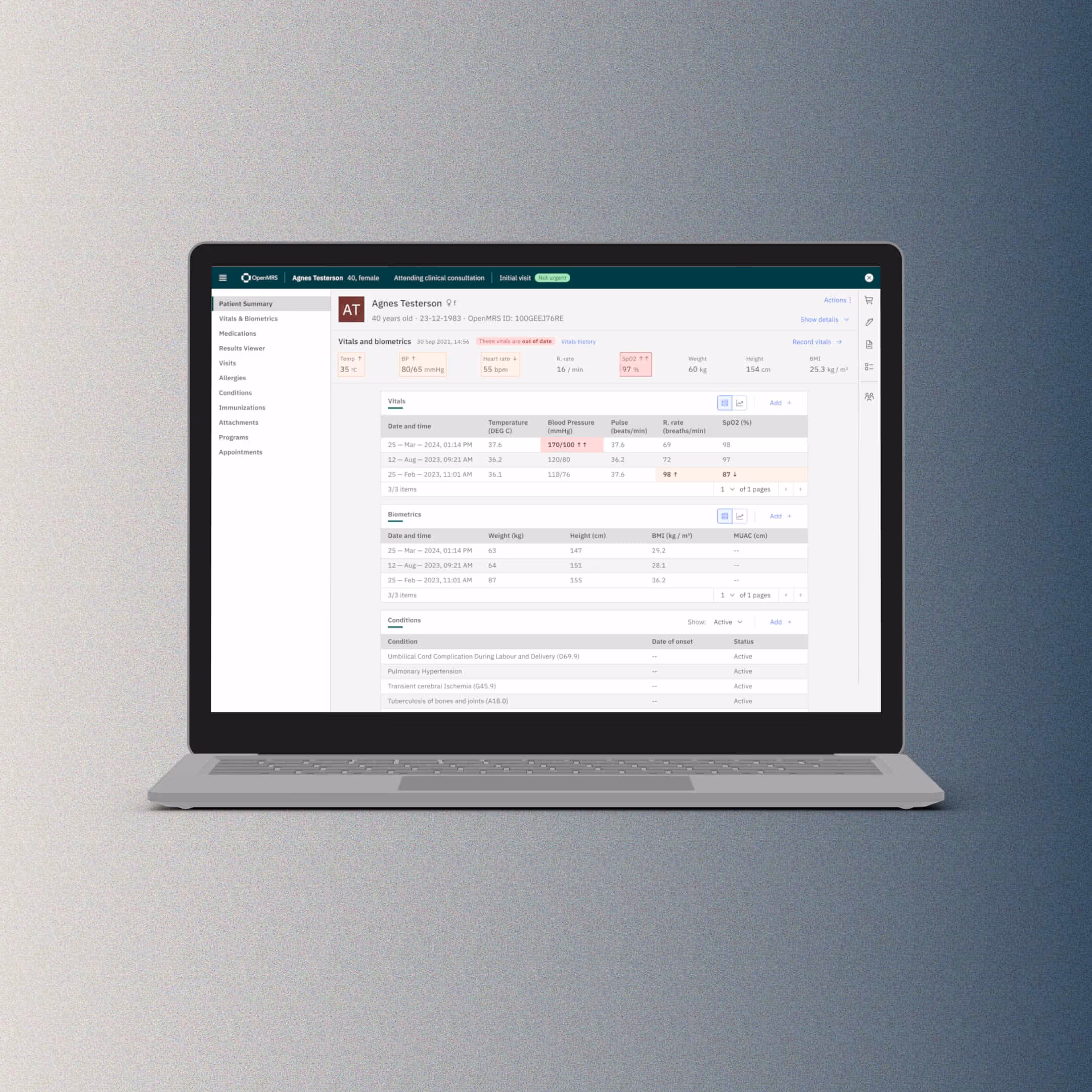 Laptop screen showing a medical record interface for patient Agnes Testerson with vitals, biometrics, and conditions data.