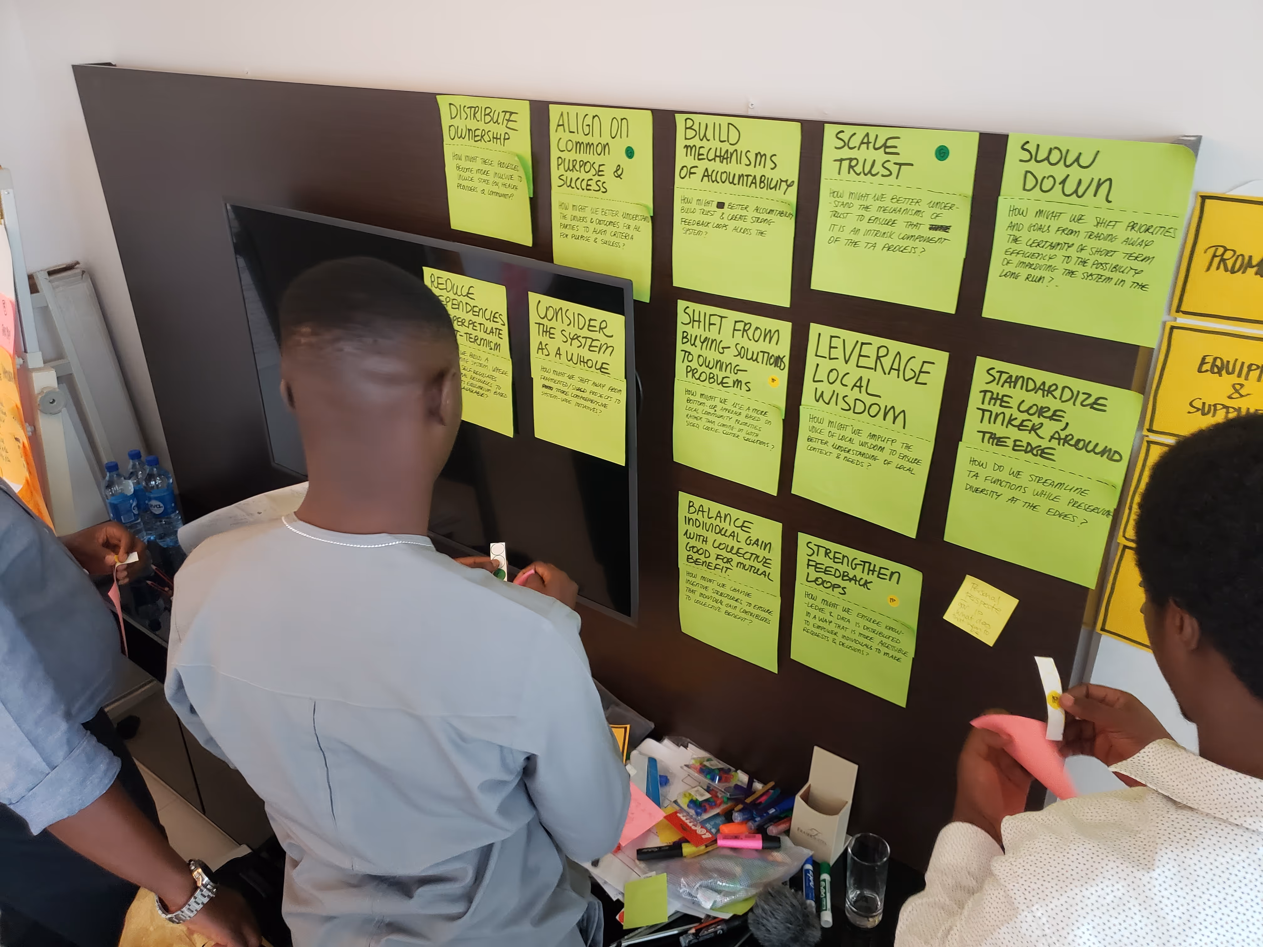 Three people working on a task board with green sticky notes containing handwritten project ideas and tasks.