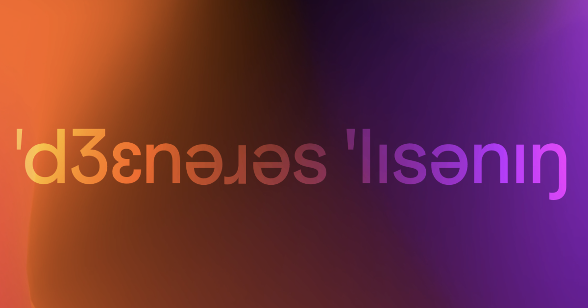 Upside-down gradient text reading 'generous. seren3d' against a background that transitions from orange to purple.