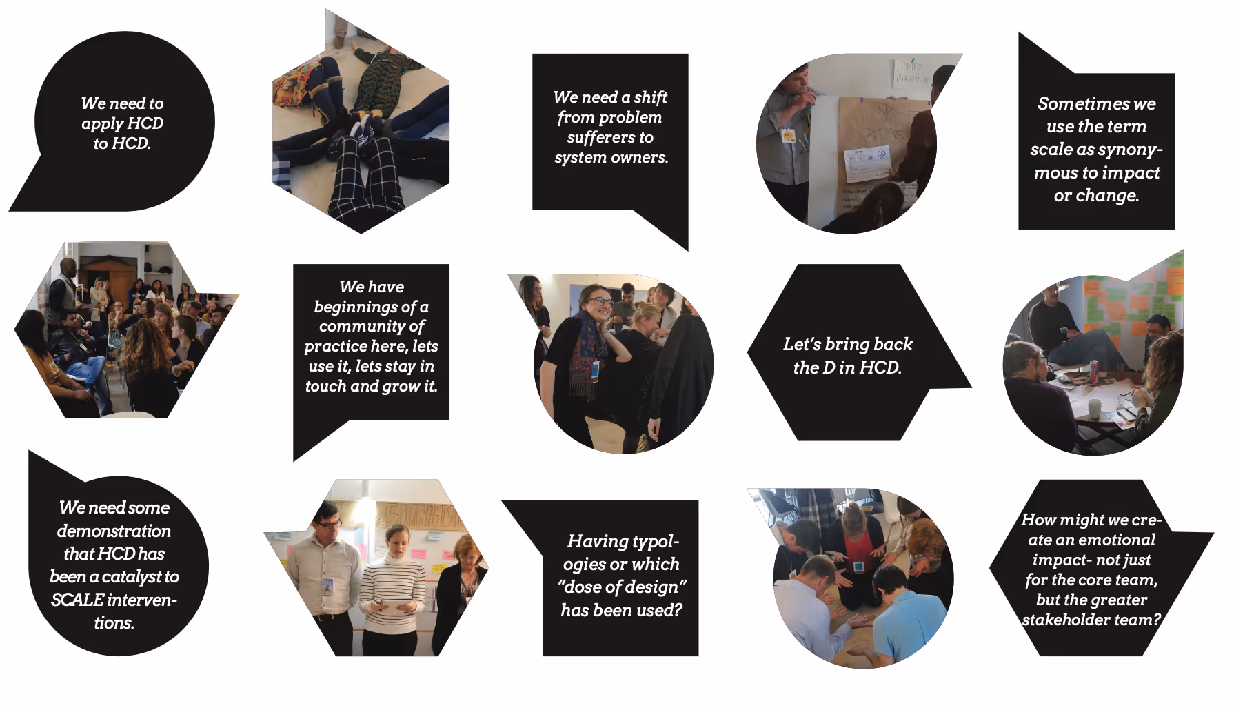 Collage of people engaged in group discussions and workshops with text bubbles highlighting quotes about applying and scaling Human-Centered Design (HCD).