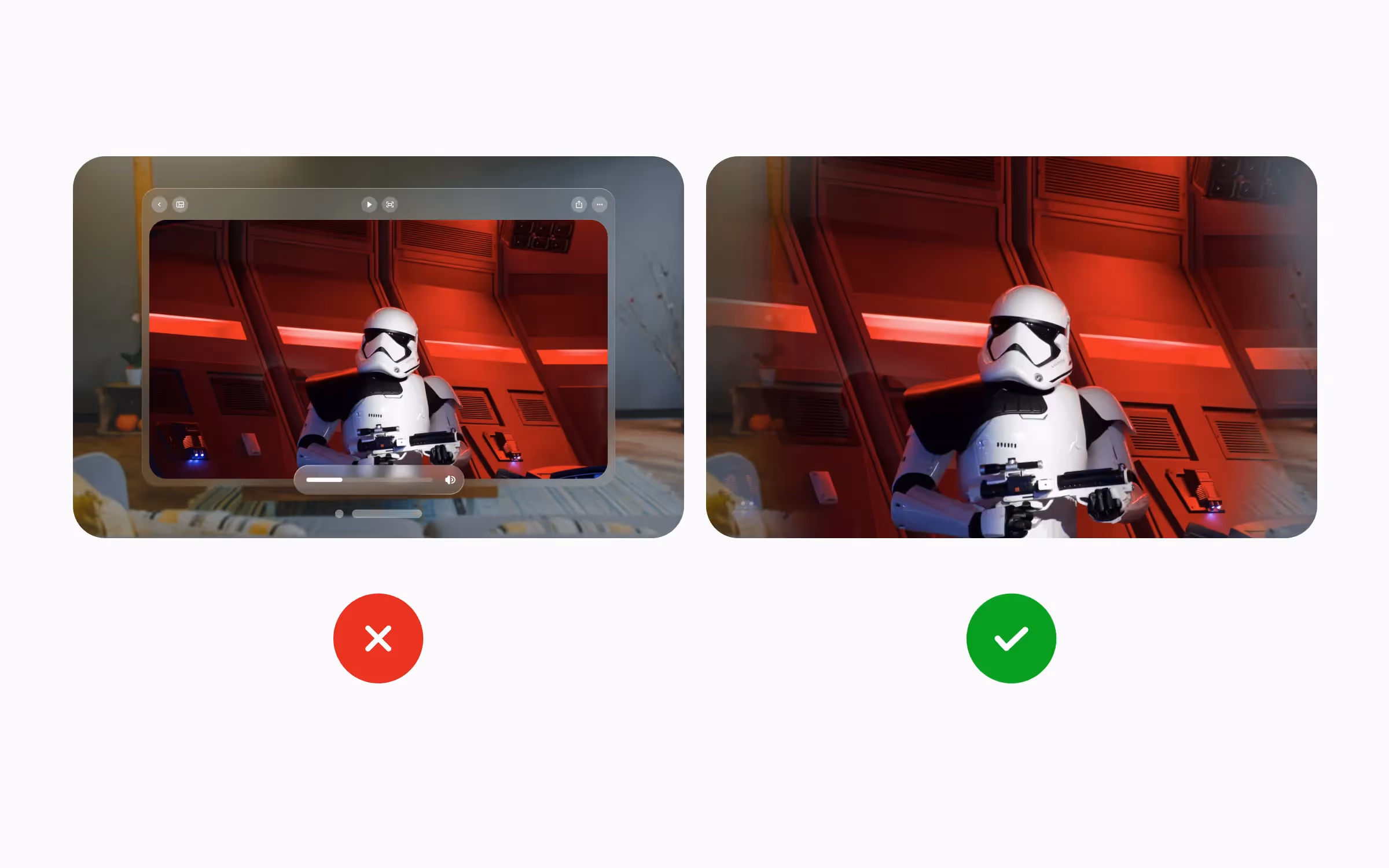 one image is showcasing spatial design of a computer game, creating immersive experience; on the other image, the game is streamed through a desktop, which doesn't give the sense of a total transformation.