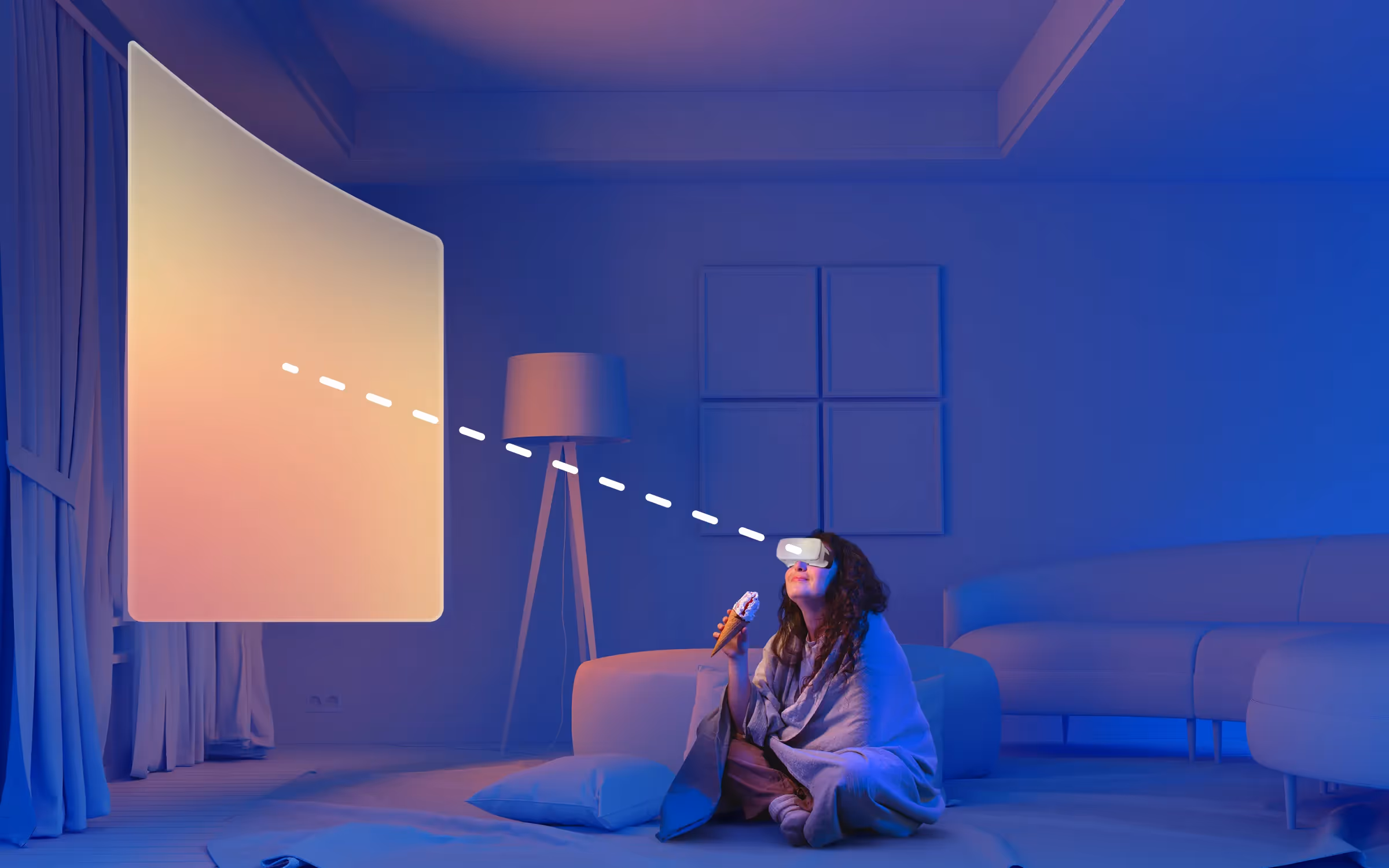 a girl watching a movie with Apple's Vision Pro, while the window is located along a natural line of sight 