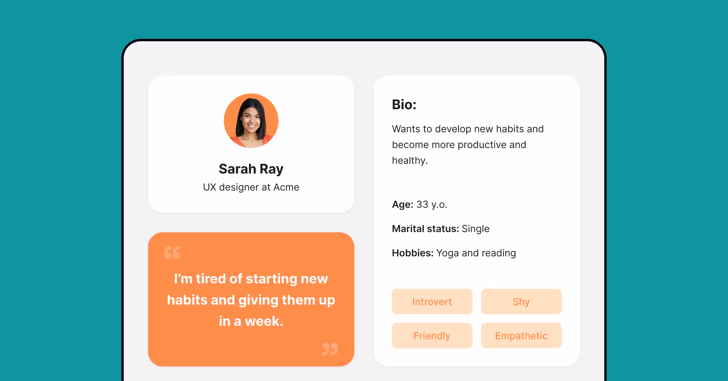 The user persona containing a quote, demographics, bio, and traits