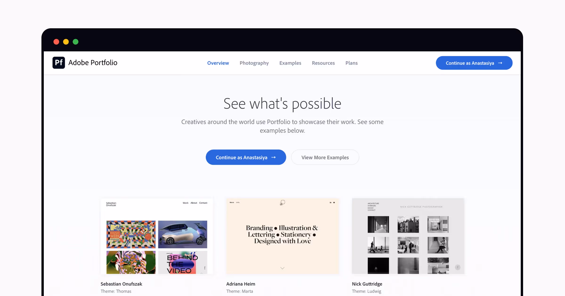 Adobe Portofolio's home page