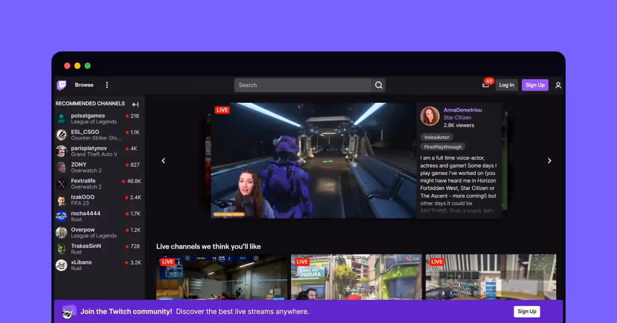Twitch utilizing purple color psychology in their design