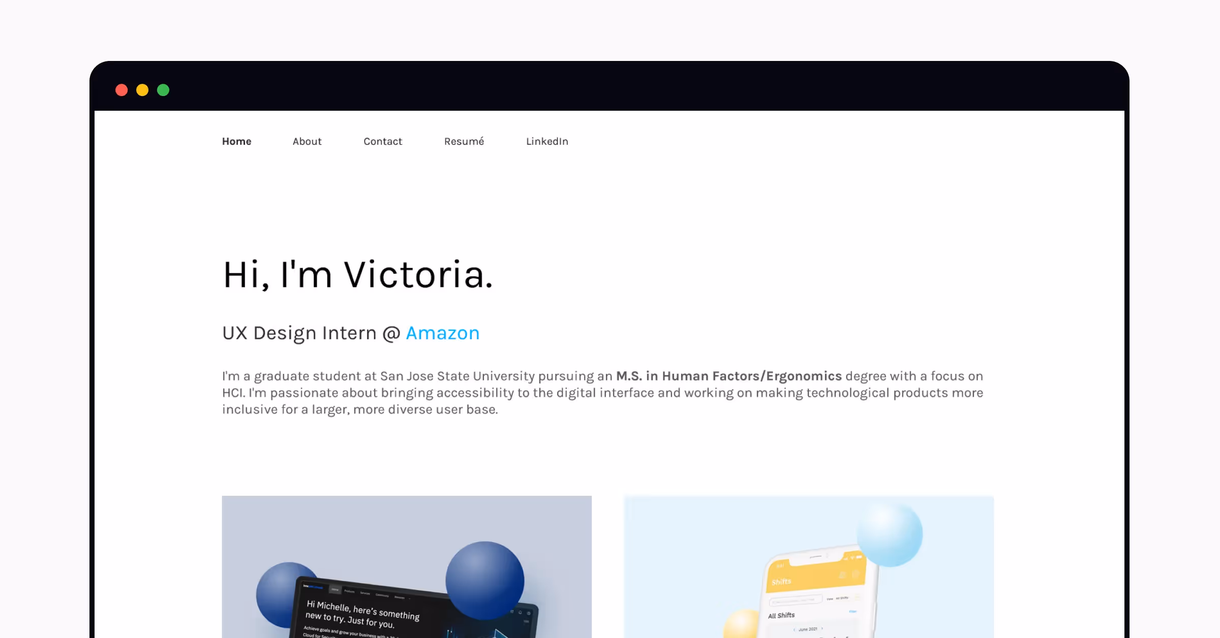 A home page of the portfolio by Victoria P