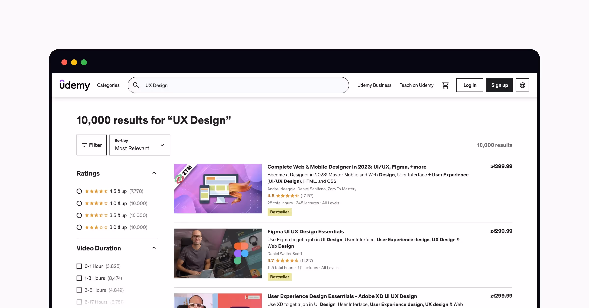 Udemy's search page results for "UX design" request
