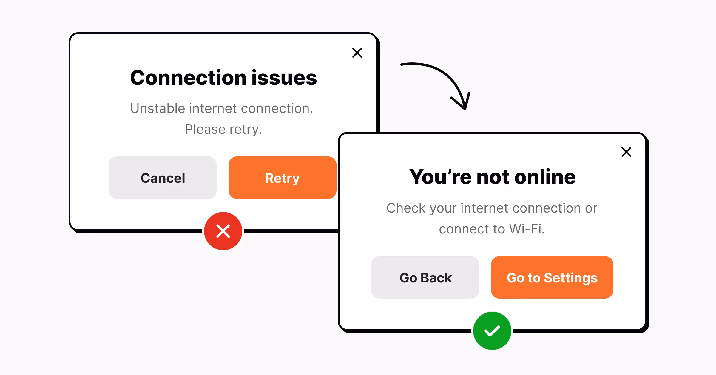 Right and wrong examples of dialog microcopy