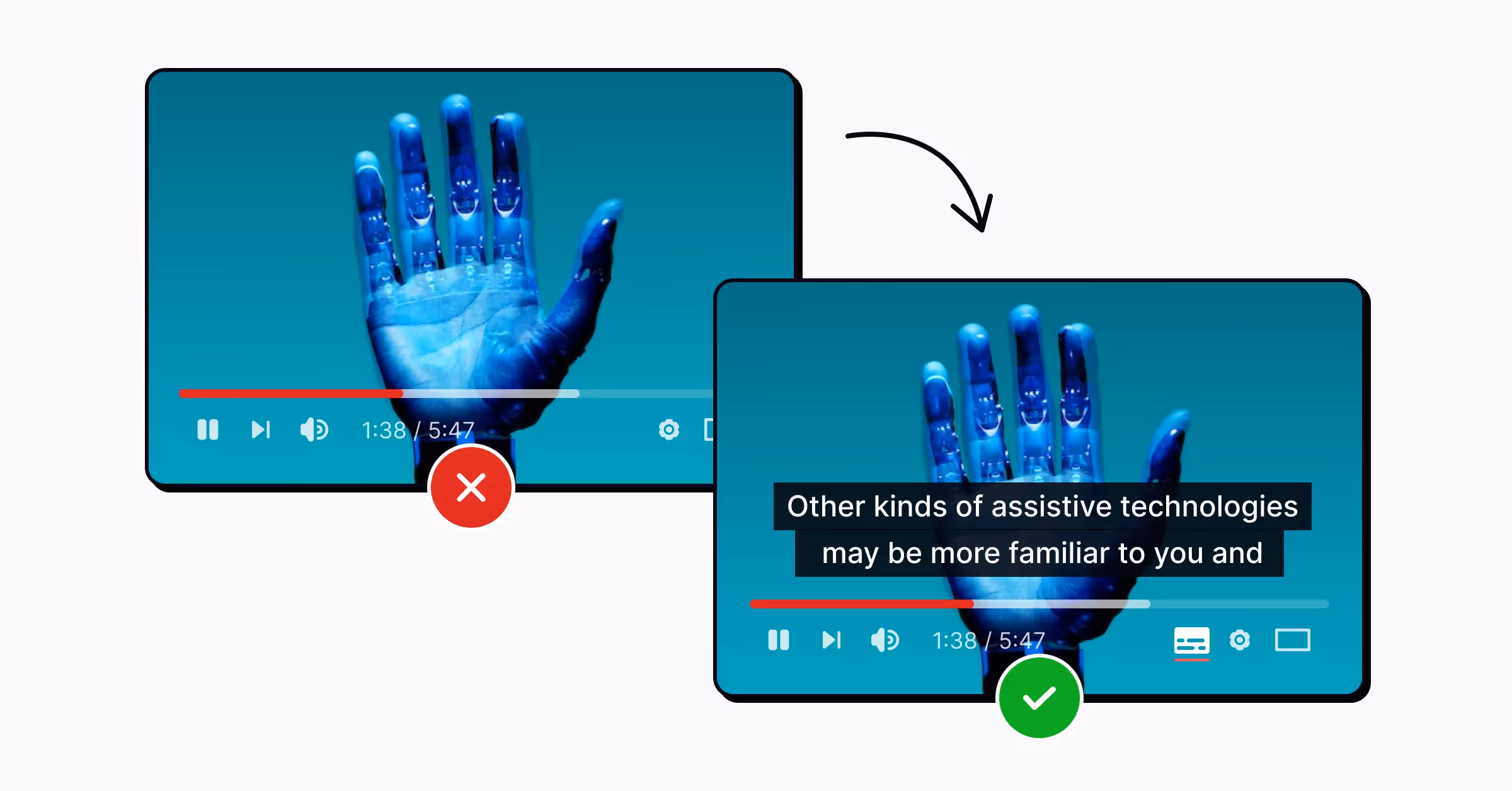 Right (with captions) and wrong examples (without captions) of a video streaming app