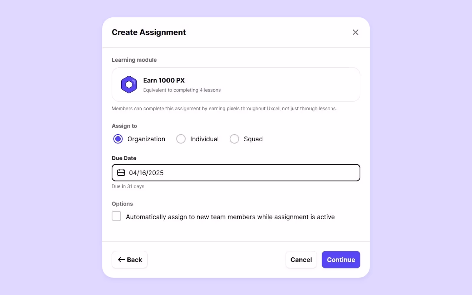 Uxcel Add Assignment to Organization, Individual, Squad