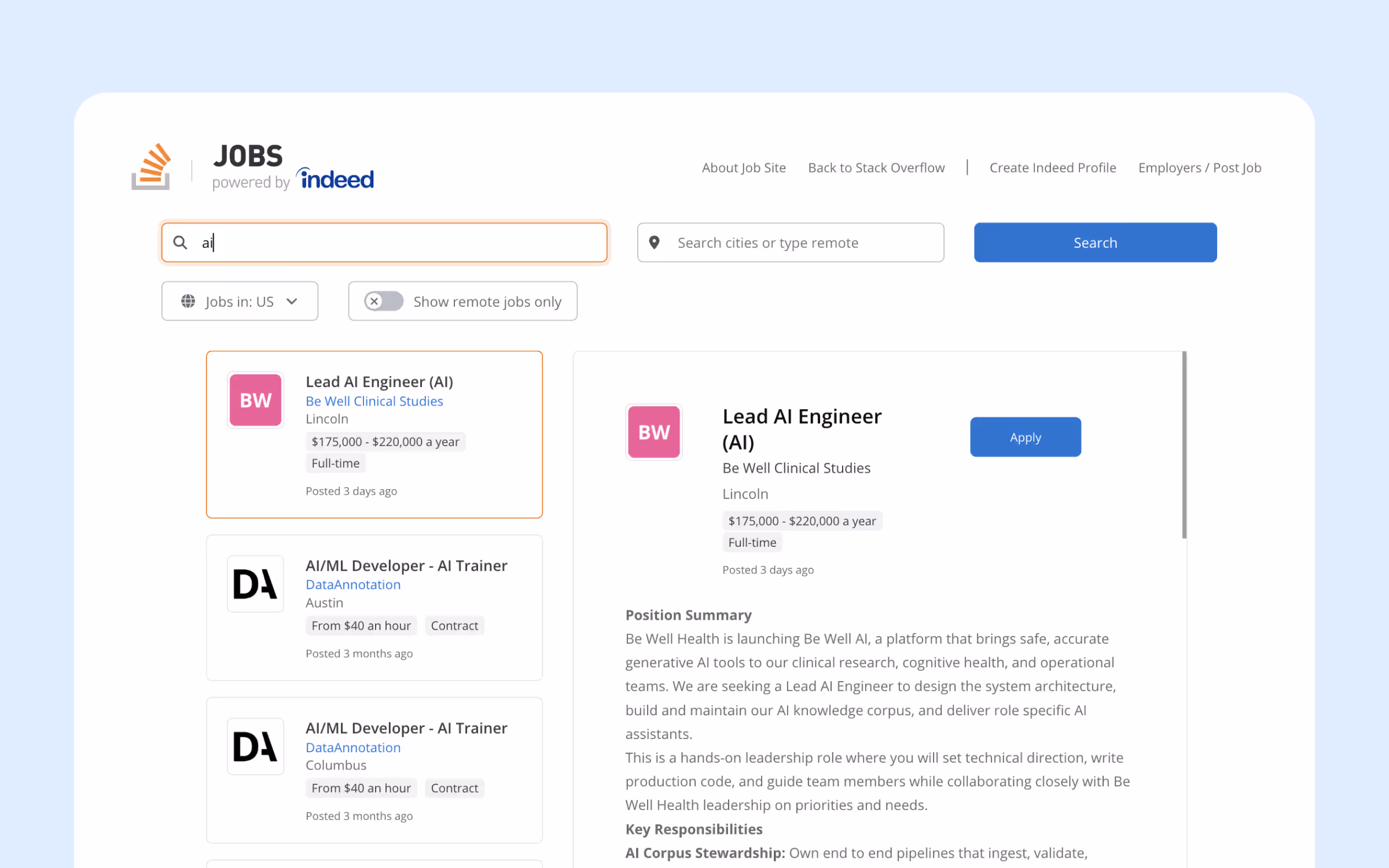 Stack Overflow Jobs AI Job Board