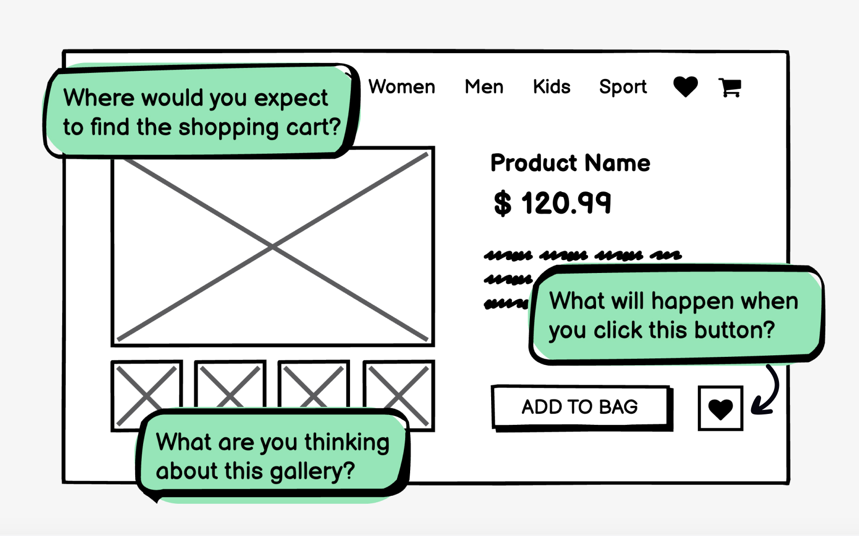 Wireframes keep the concept user-focused