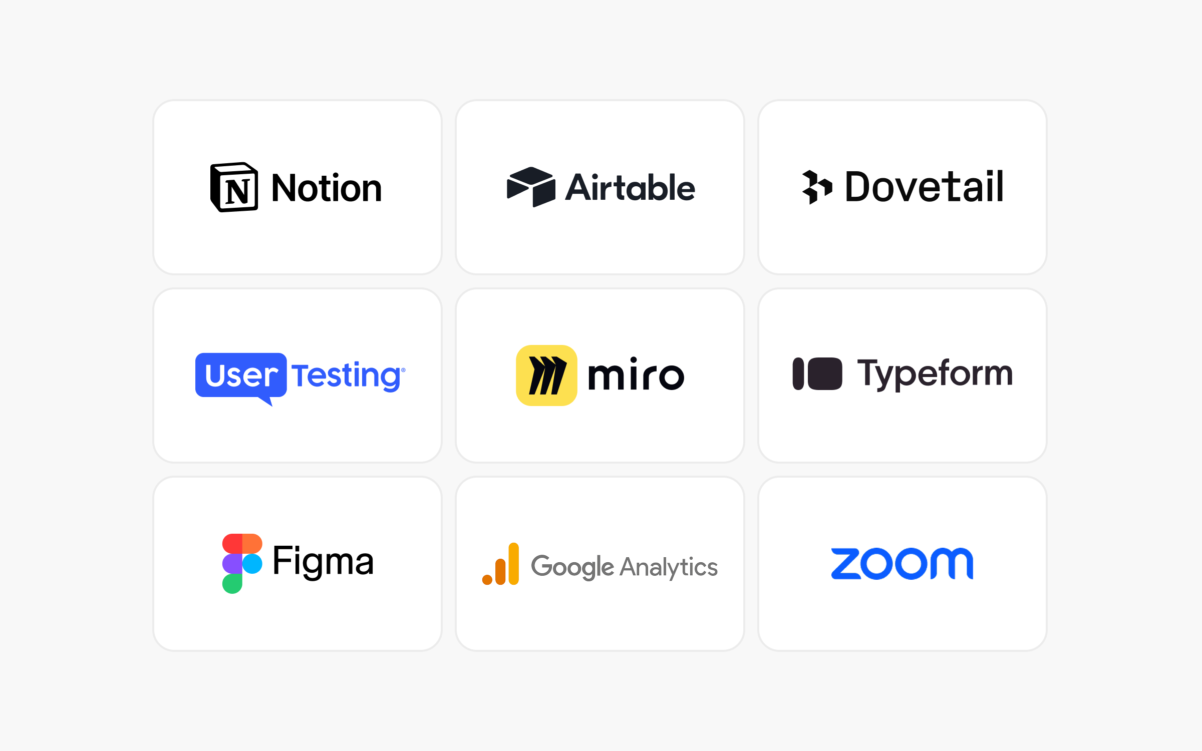 Grid displaying nine popular UX research tools with their logos: Notion, Airtable, Dovetail, UserTesting, Miro, Typeform, Figma, Google Analytics, and Zoom.