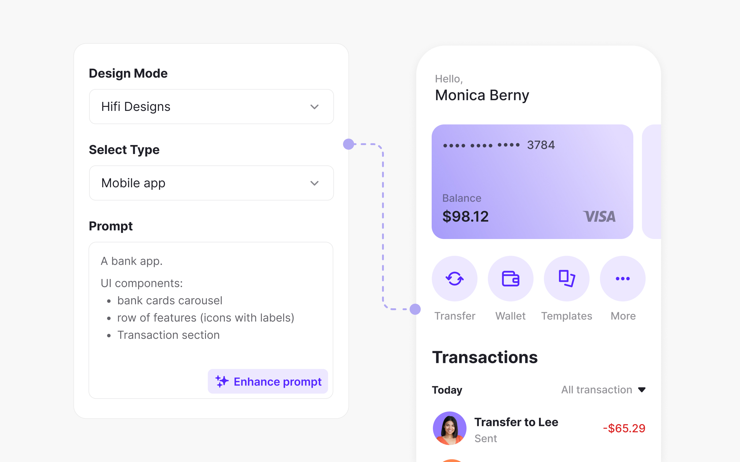 AI design tool generating a mobile banking app screen from a text prompt.