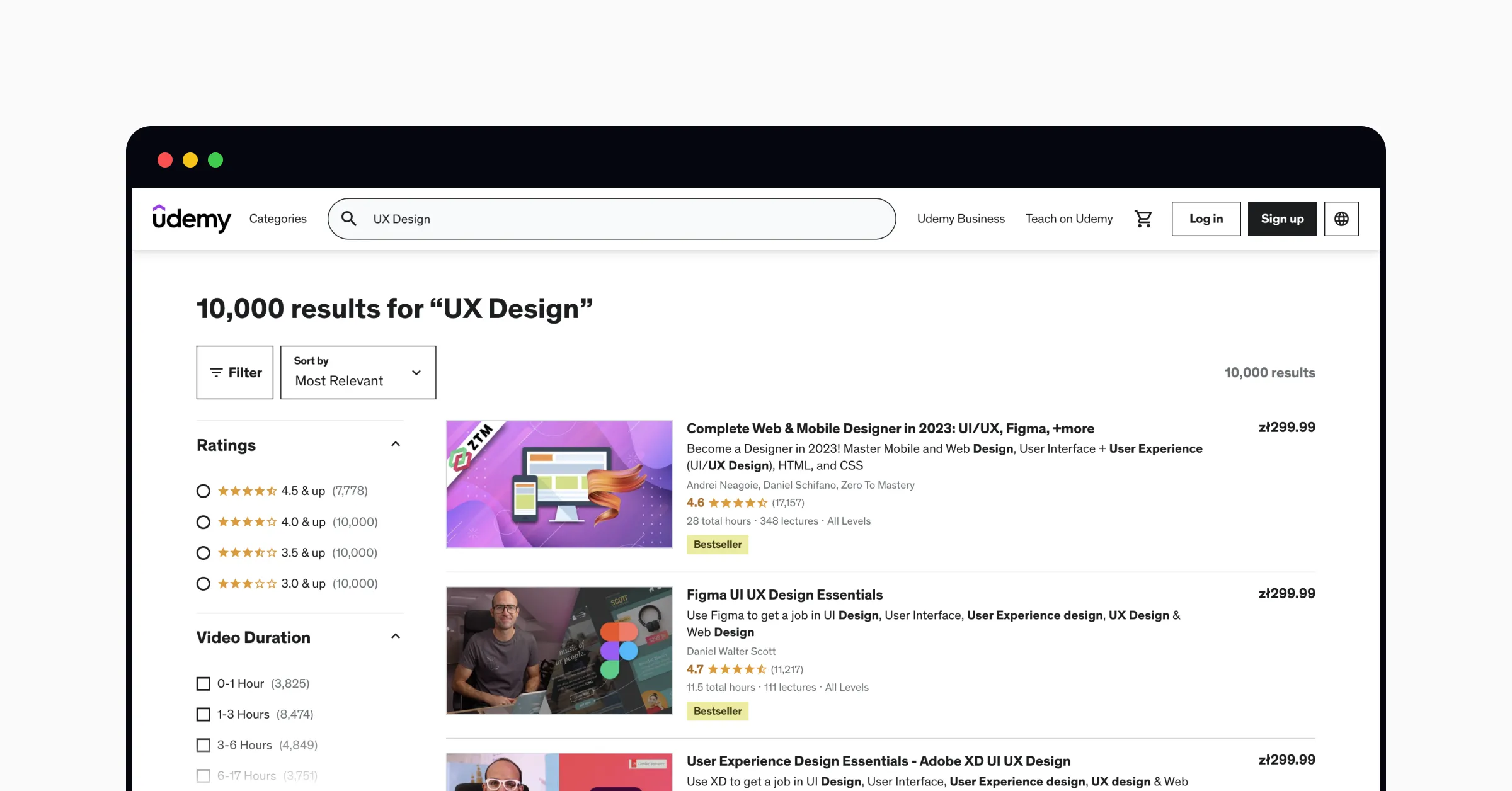 Udemy’s search page results for "UX design" request