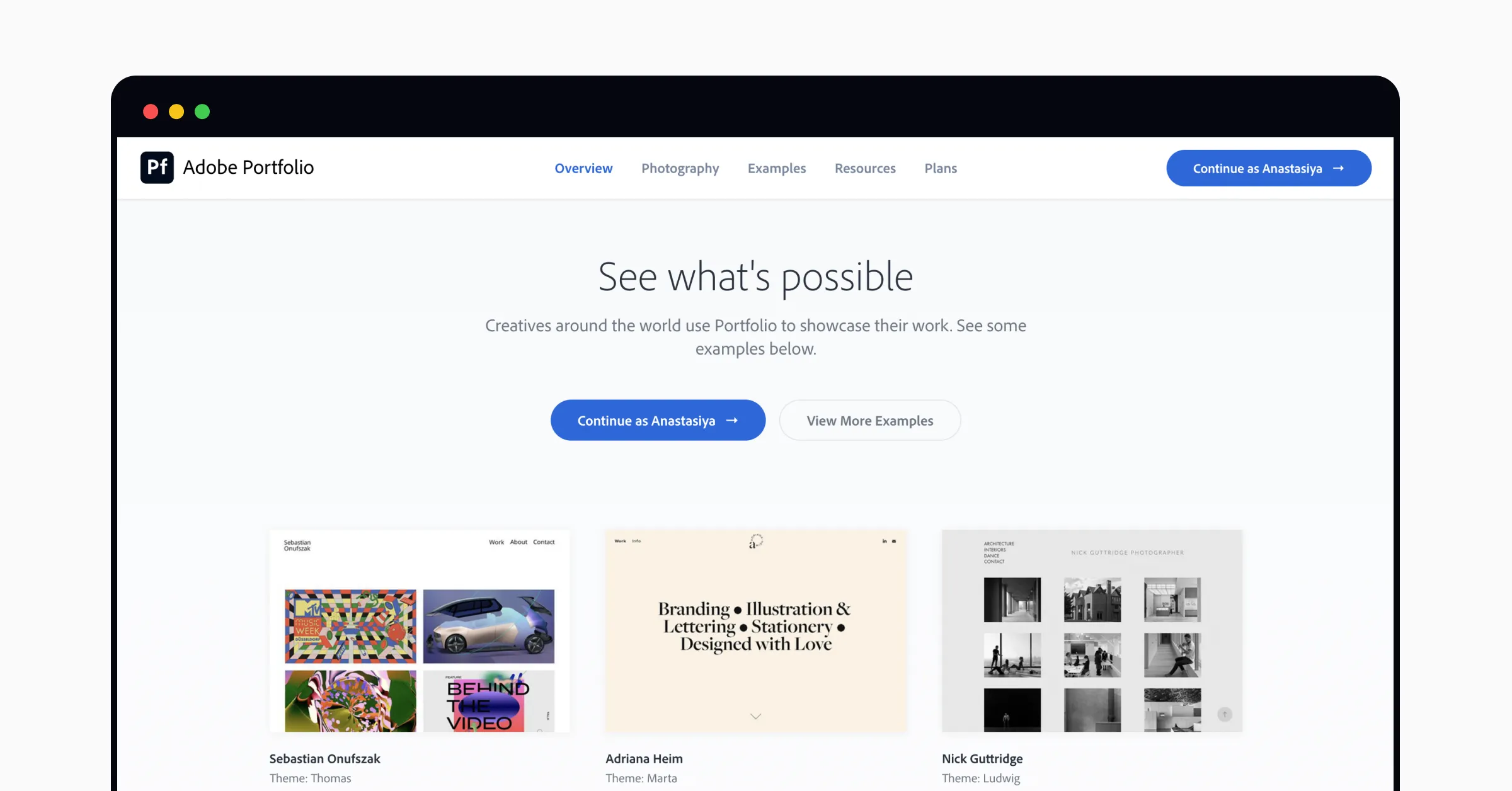 Adobe Portofolio's home page