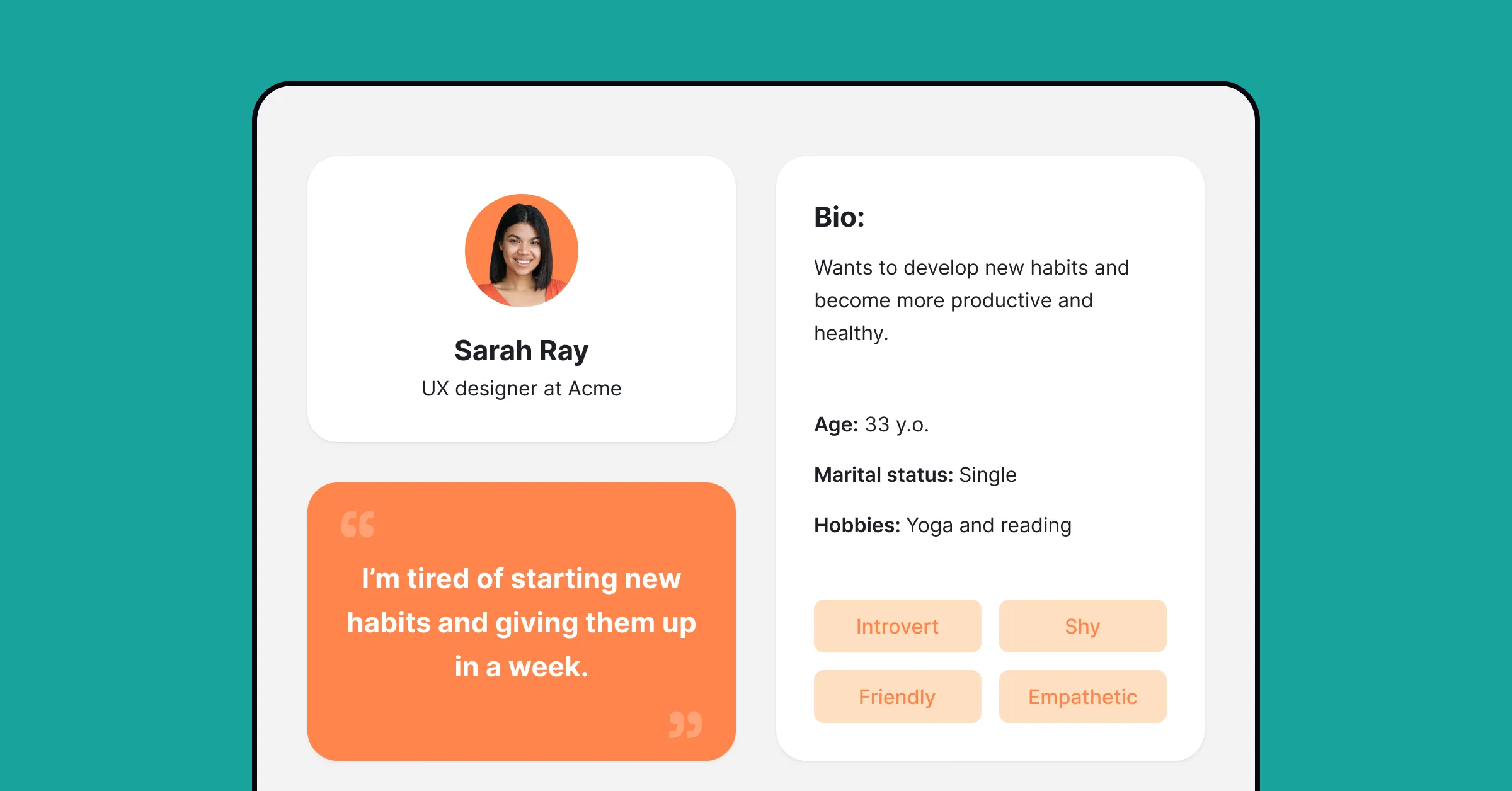 The user persona containing a quote, demographics, bio, and traits