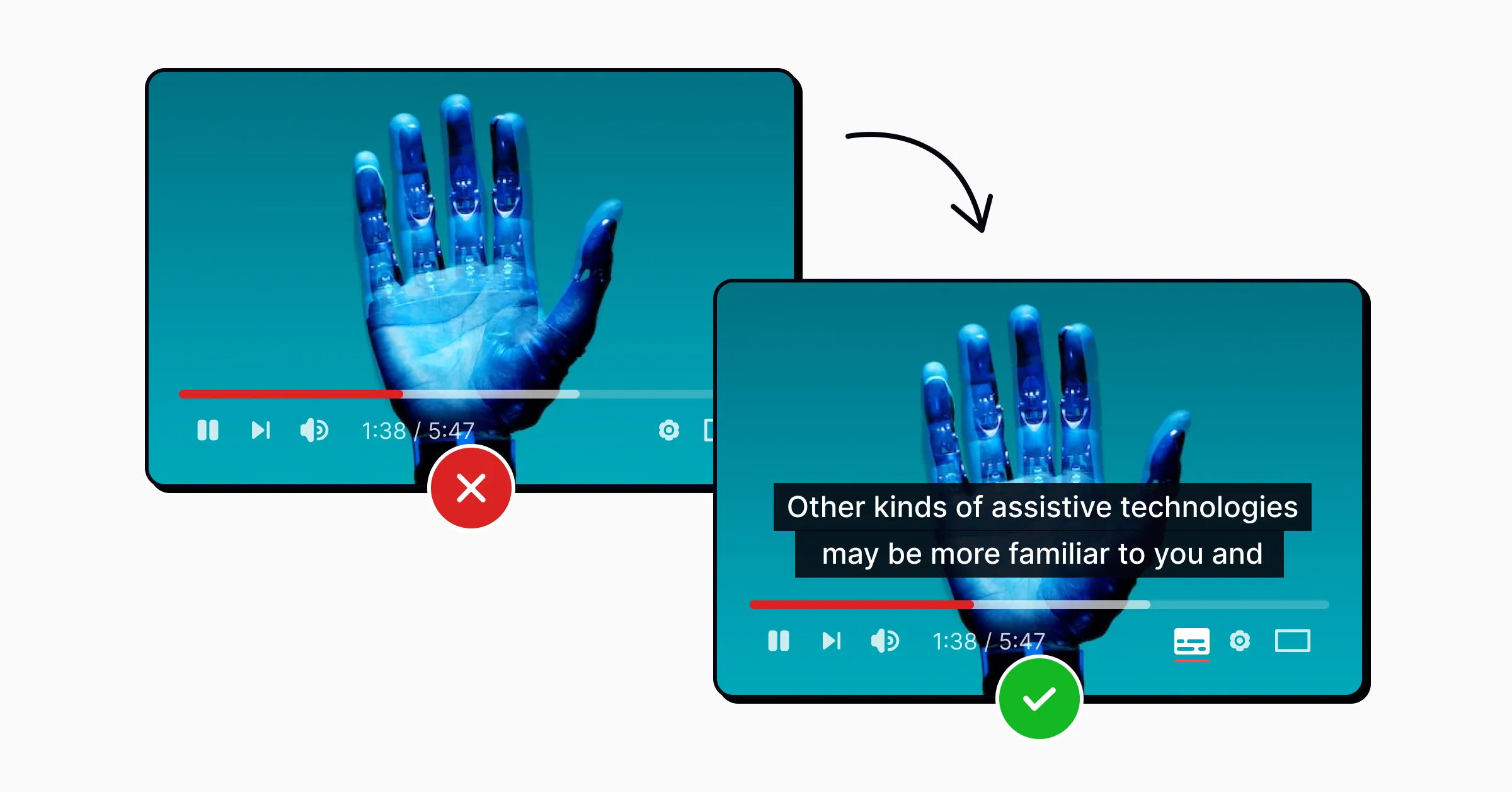 Right (with captions) and wrong examples (without captions) of a video streaming app