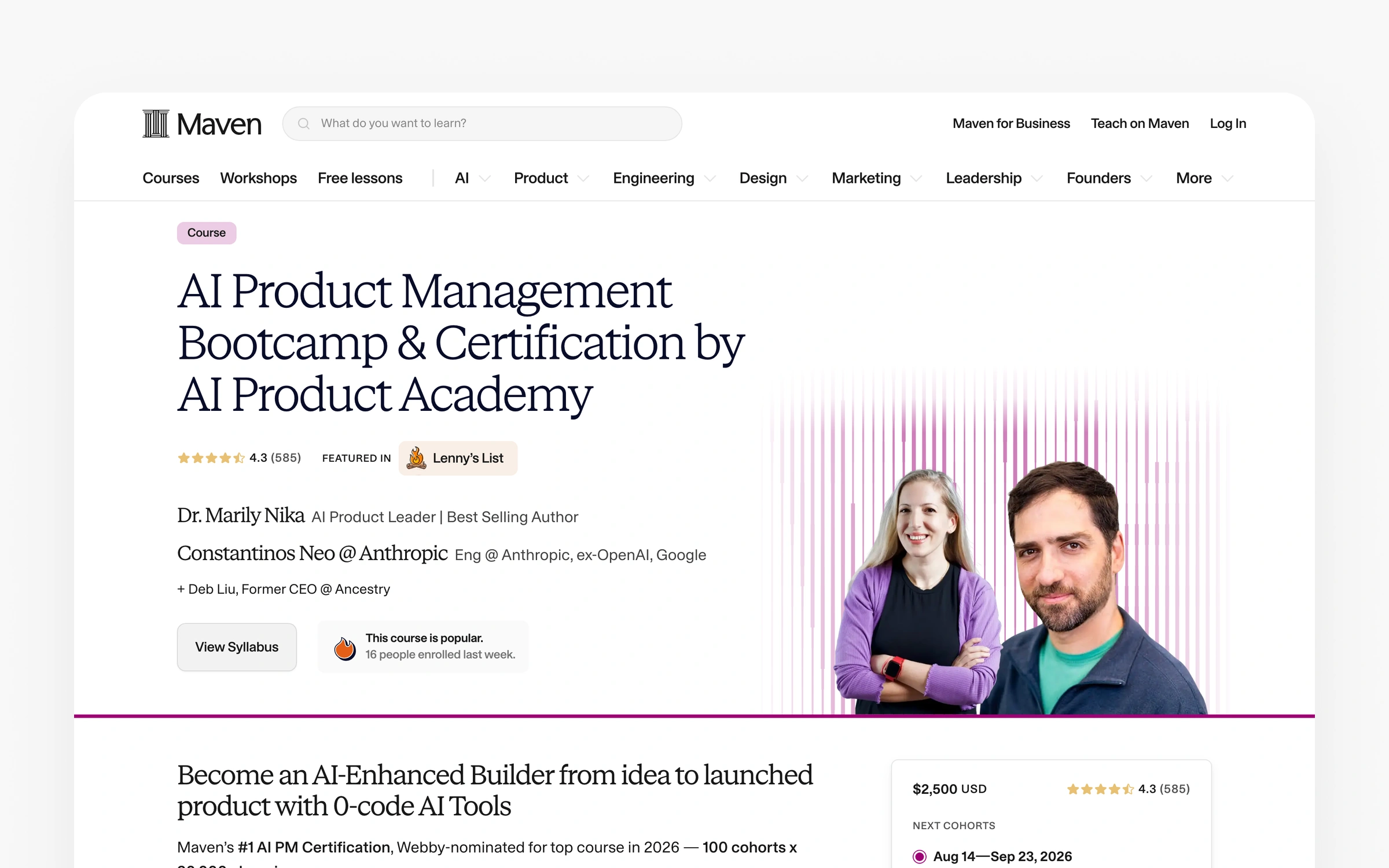Maven's AI Product Management Bootcamp page showing the course title, a 4.3 rating from 585 reviews, the instructor lineup, and a $2,500 price with the next cohort dates
