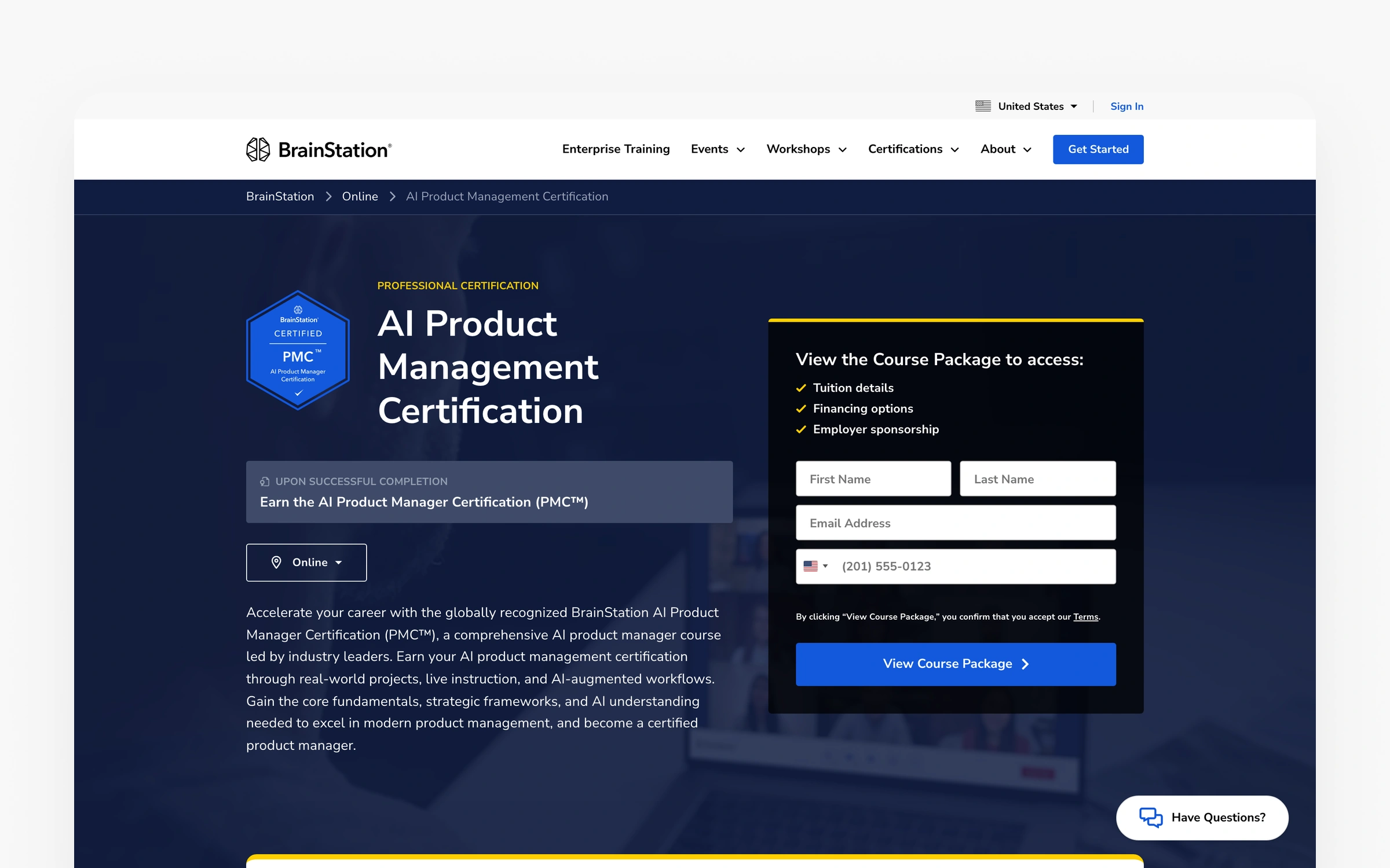 BrainStation's AI Product Management Certification page, showing the renamed program and a form asking for an email address before tuition details are revealed