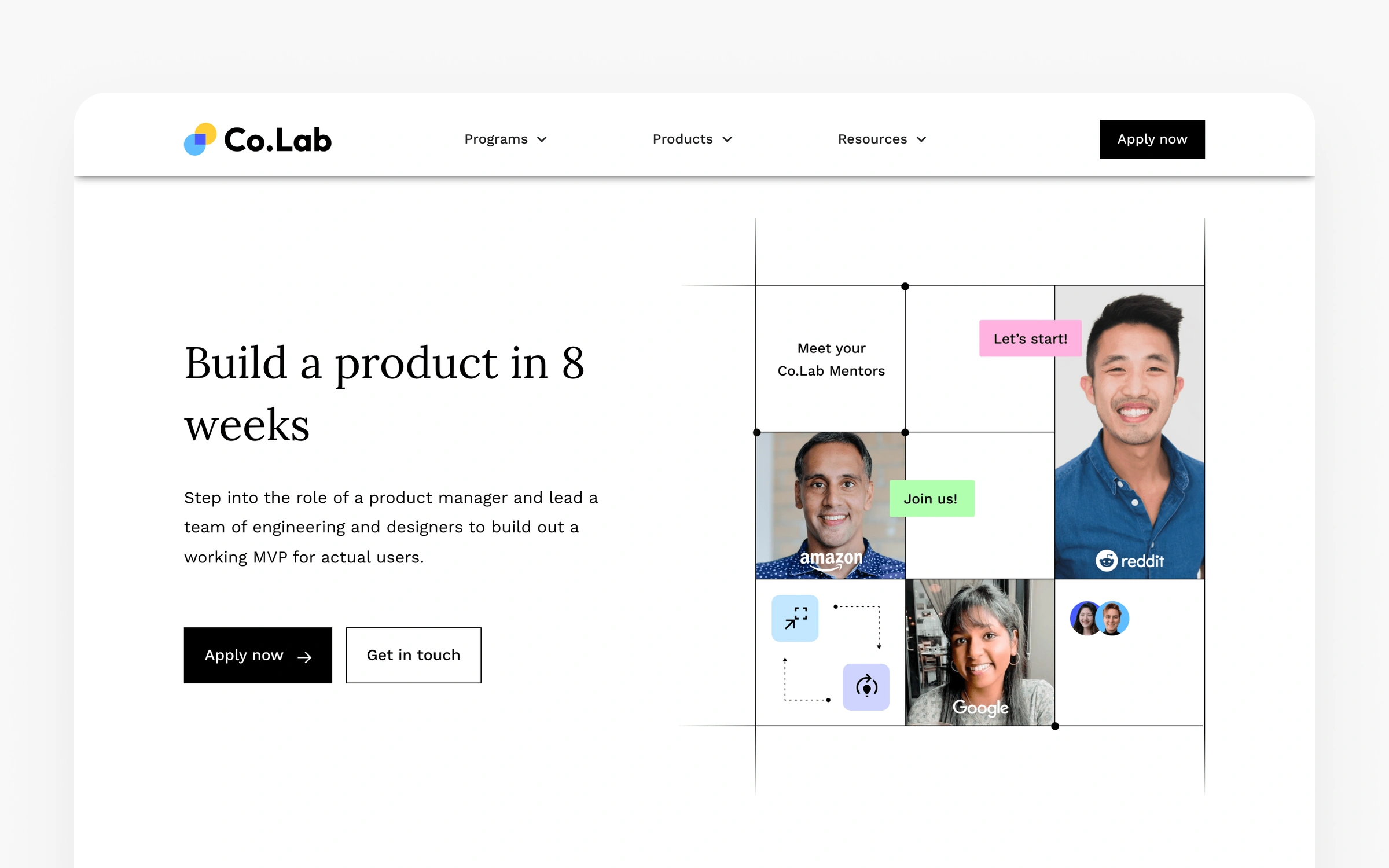 Co.Lab's product management bootcamp page headlined Build a product in 8 weeks, describing a part-time team-based program where you lead engineers and designers to build a working MVP