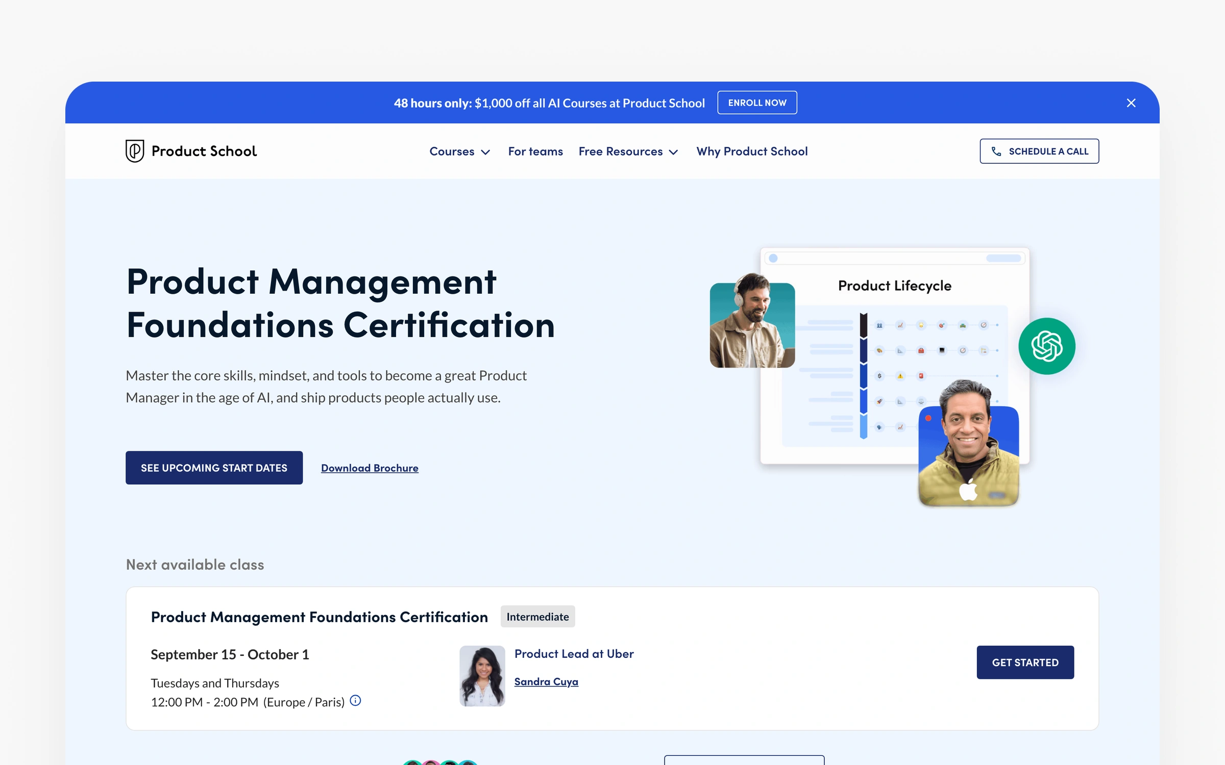 Product School's Product Management Foundations Certification page, the renamed core program, sitting alongside a certification catalogue now led by AI courses