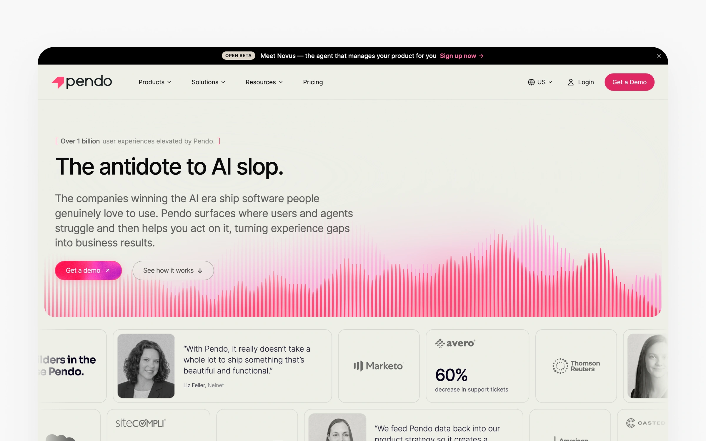 Pendo's homepage with an open beta banner for Novus, an agent that manages your product, above the claim of being the antidote to AI slop