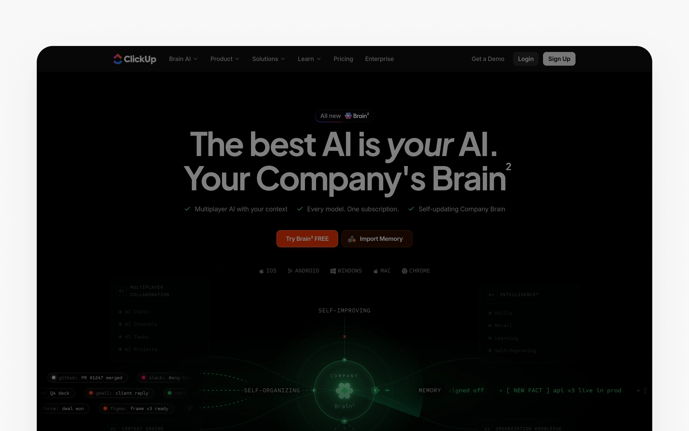 ClickUp's Brain page headlined the best AI is your AI, describing a company brain with multiplayer AI