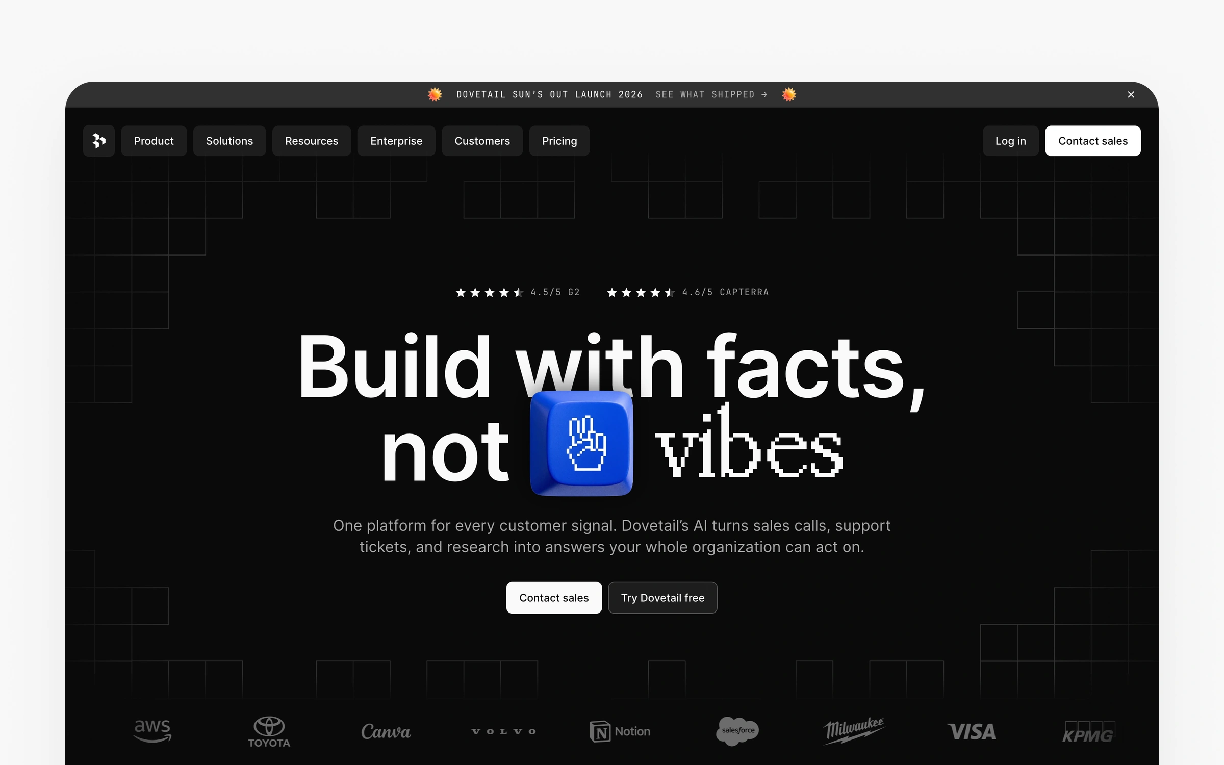 Dovetail's homepage positioning it as a customer intelligence platform built on facts rather than opinions