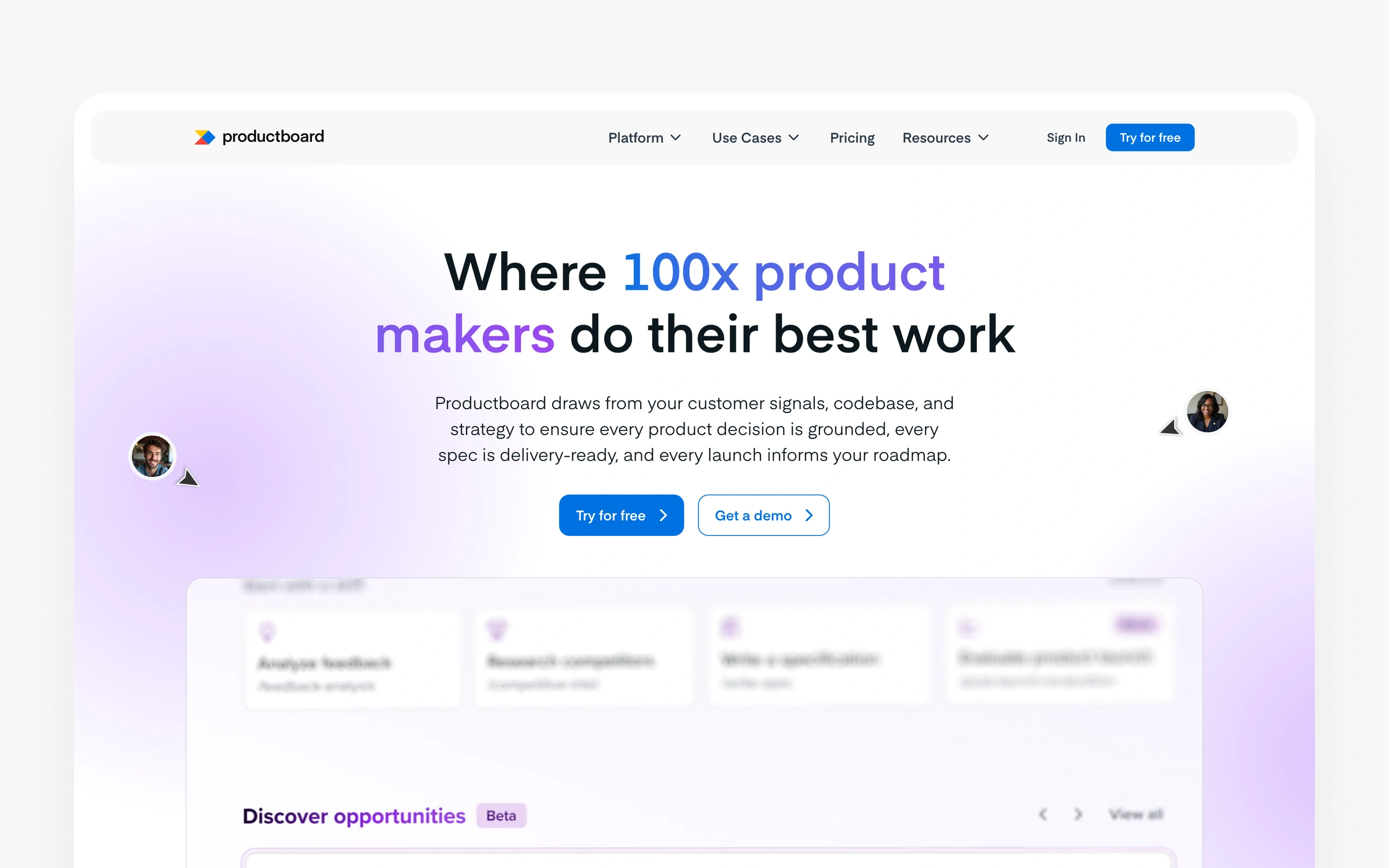 Productboard's homepage describing an agentic product management system that draws on customer signals, codebase and strategy