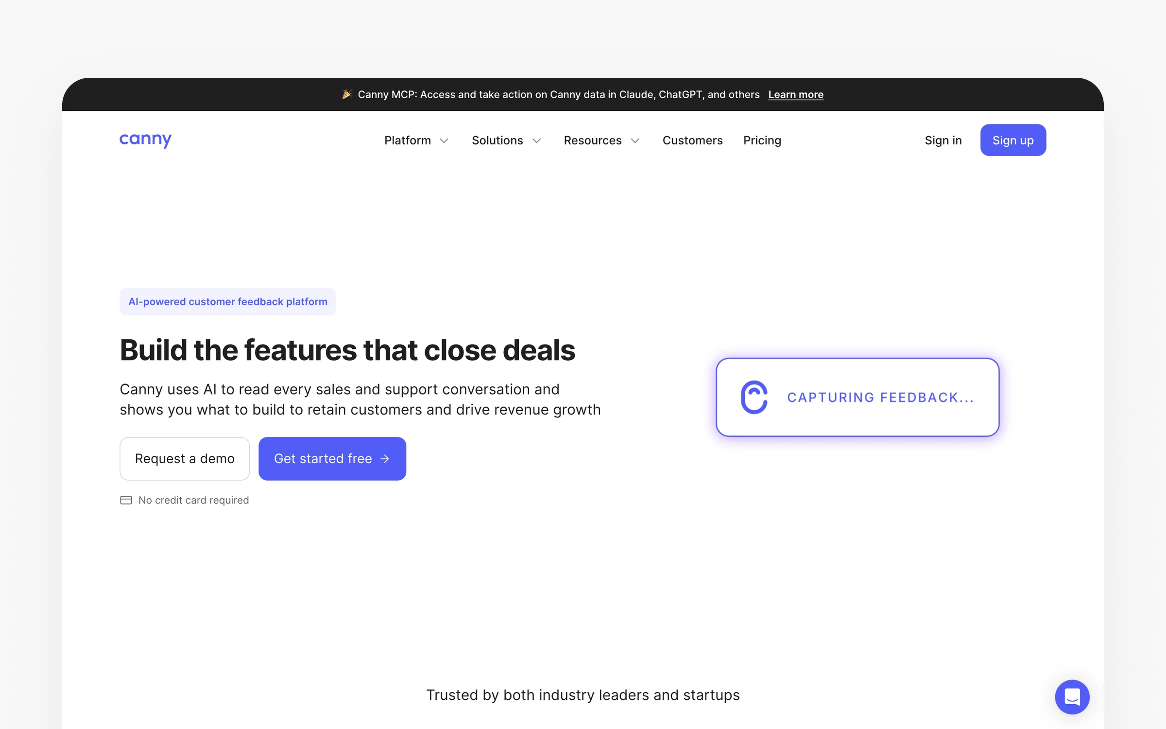 Canny's homepage describing an AI-powered customer feedback platform, with a banner announcing its MCP connector for Claude and ChatGPT
