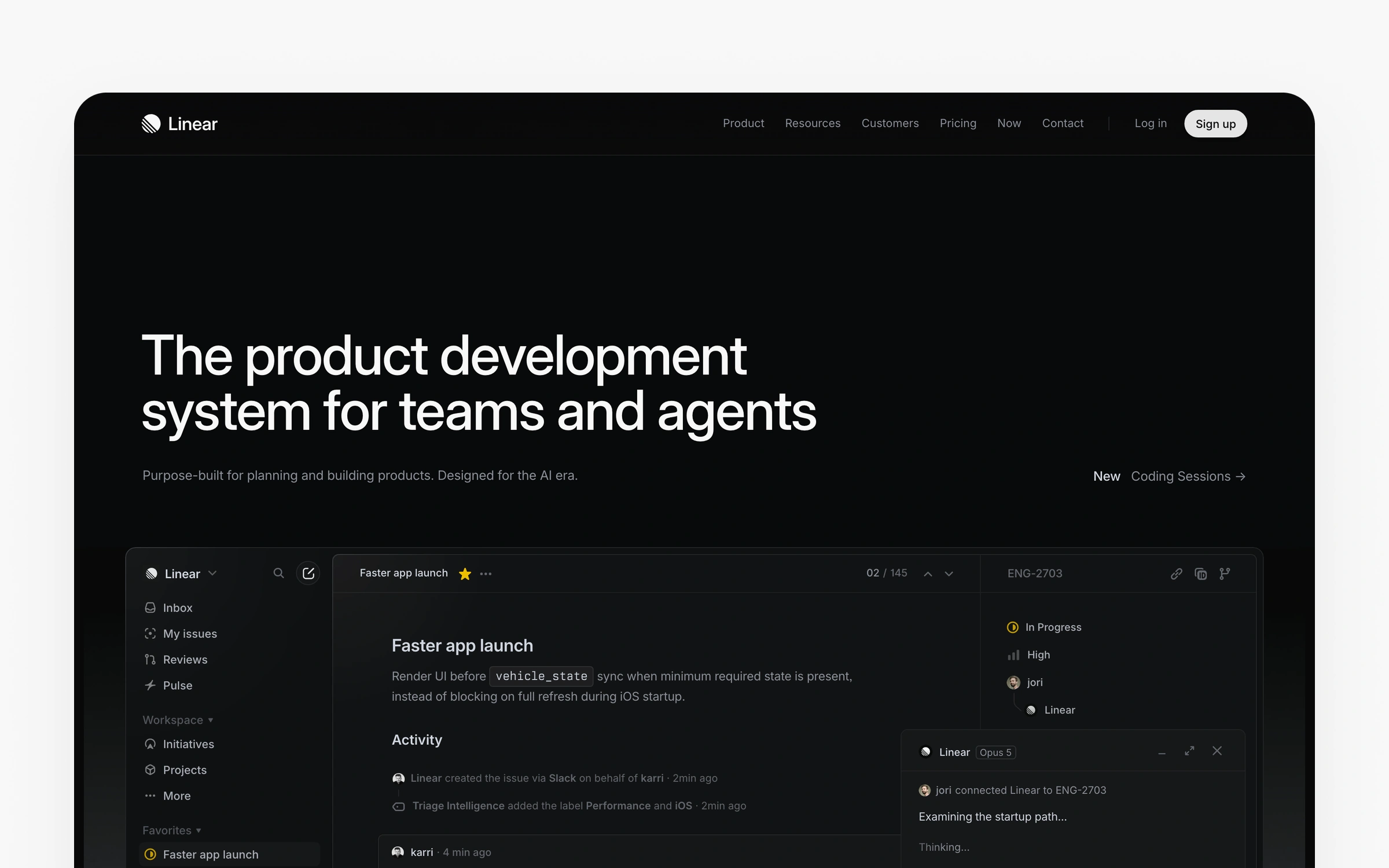 Linear's homepage describing a product development system for teams and agents, designed for the AI era