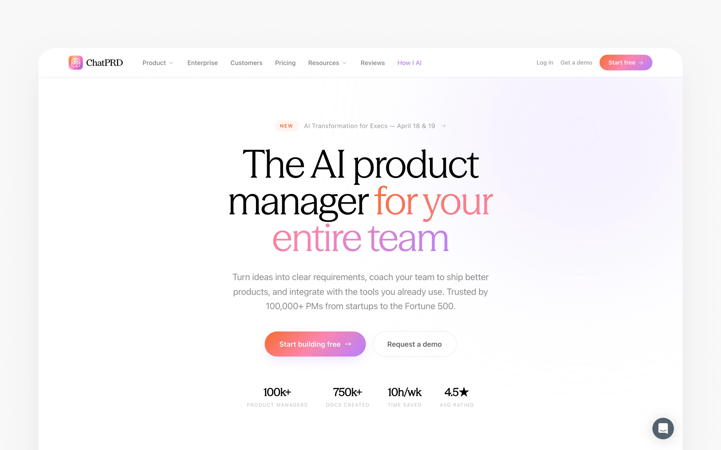 ChatPRD's homepage describing itself as an AI platform for product managers, built around drafting and improving product requirements documents