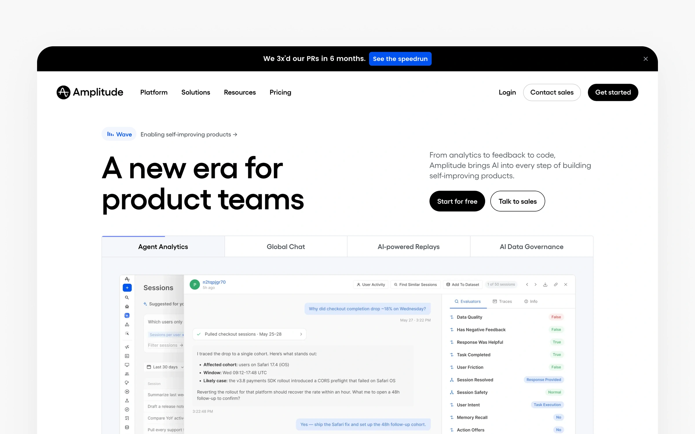 Amplitude's platform page listing Amplitude AI, AI Agents, AI Feedback, Amplitude MCP and Agent Analytics