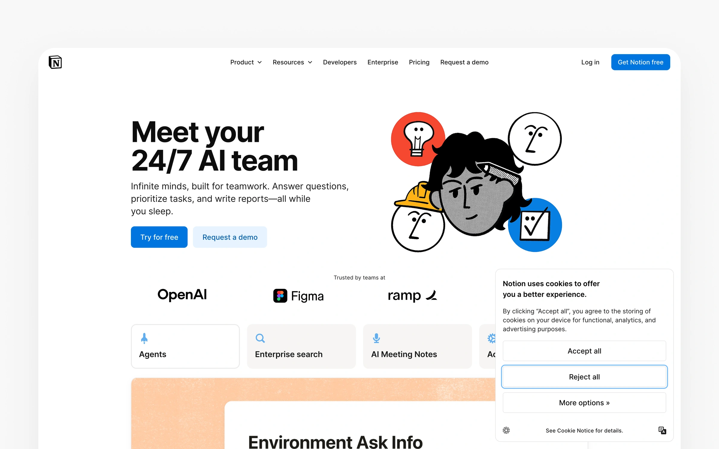 Notion's AI product page headlined meet your 24/7 AI team, describing agents that answer questions and prioritize tasks