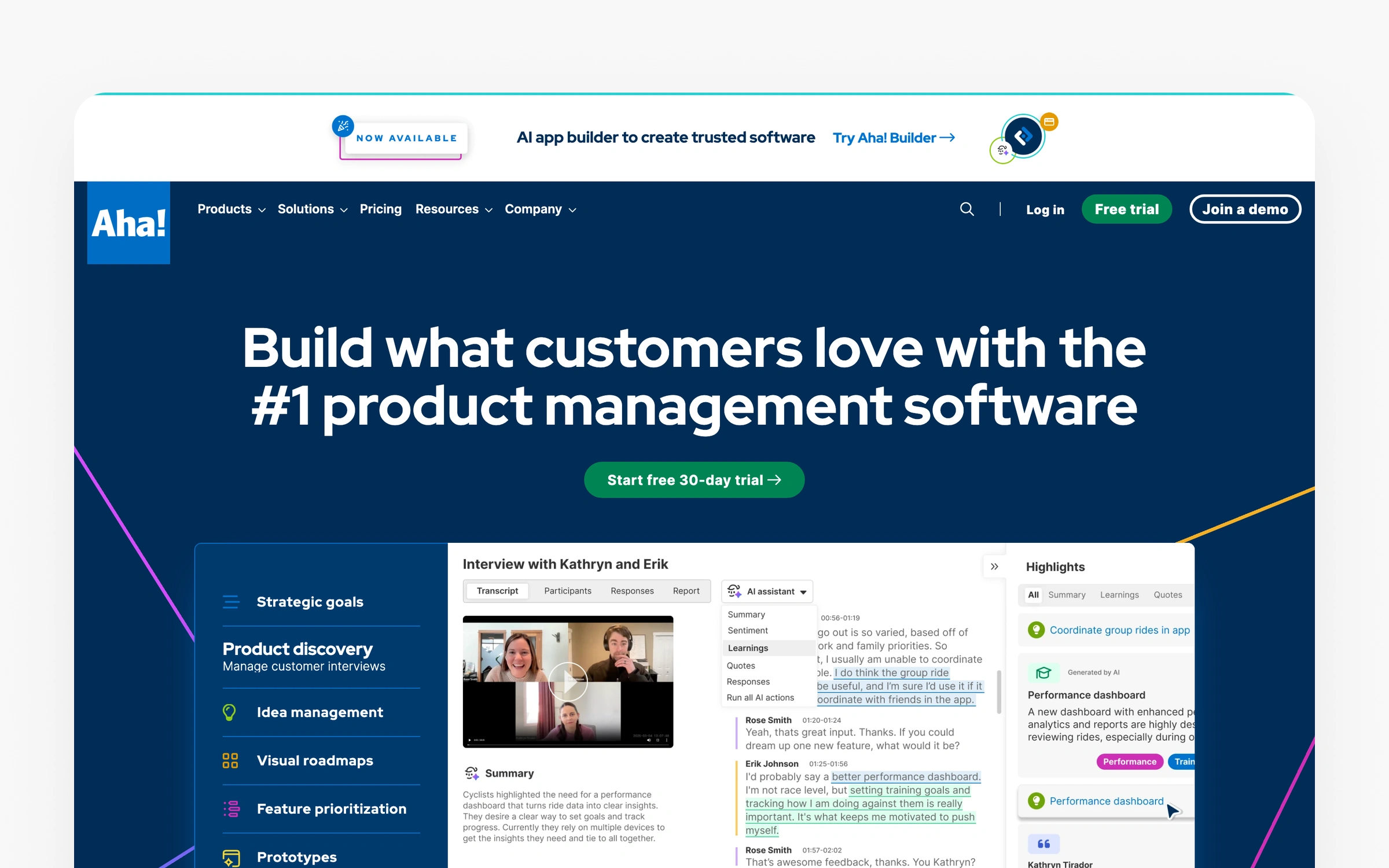 Aha!'s homepage describing product management software that links strategy to roadmaps, with an AI app builder