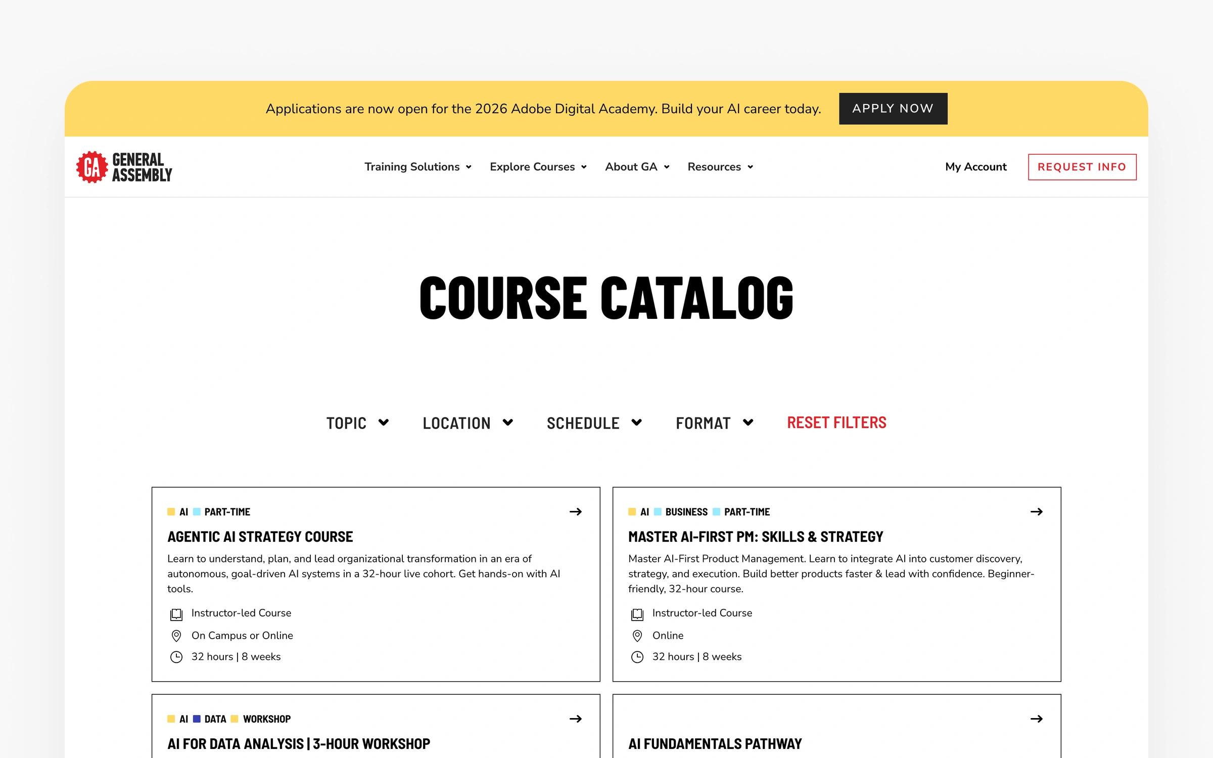 General Assembly's course catalogue showing AI-First Product Management as an instructor-led course of 32 hours over eight weeks, offered part-time online or on campus