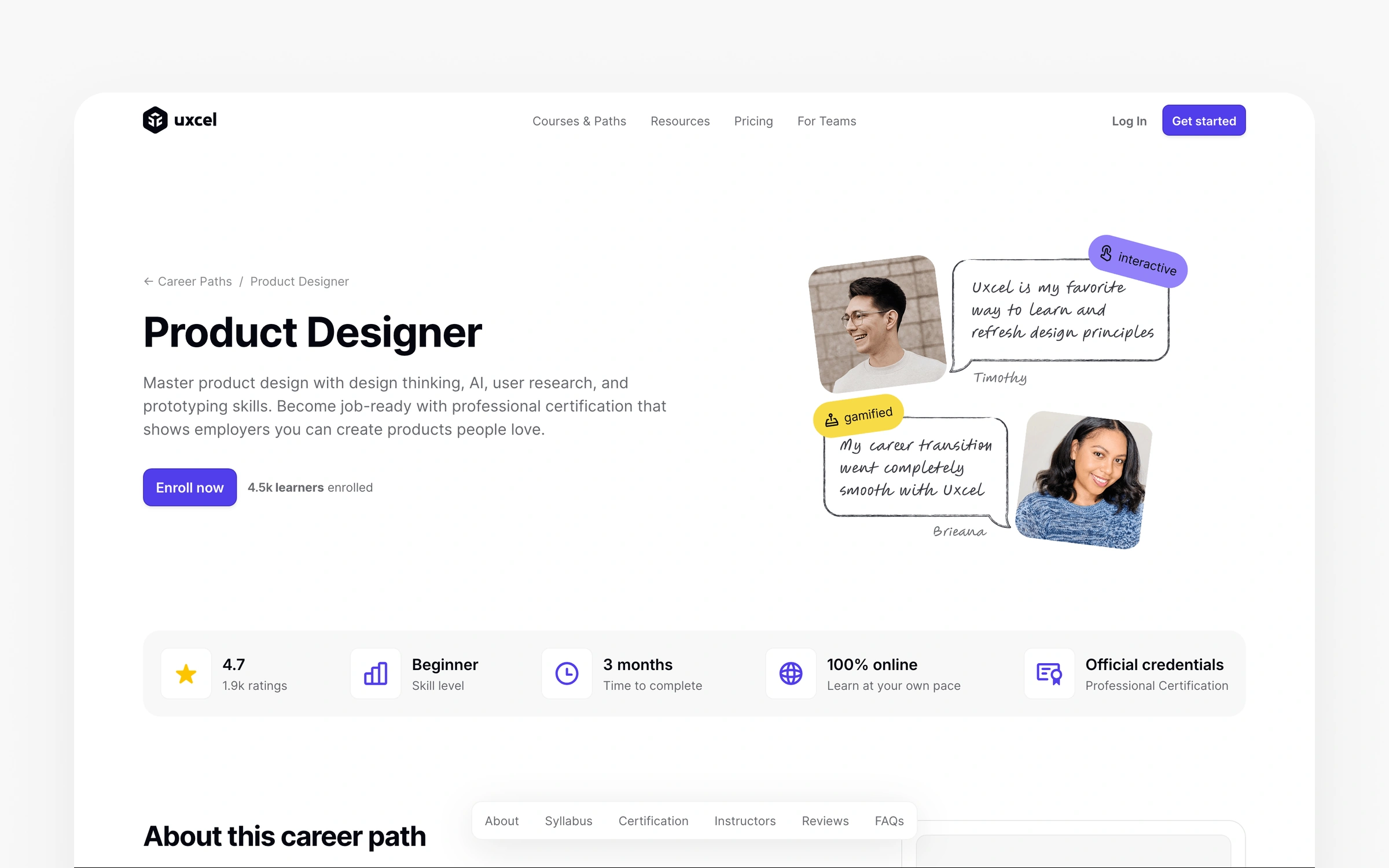 The Product Designer career path on Uxcel, a sequenced curriculum with skill assessments