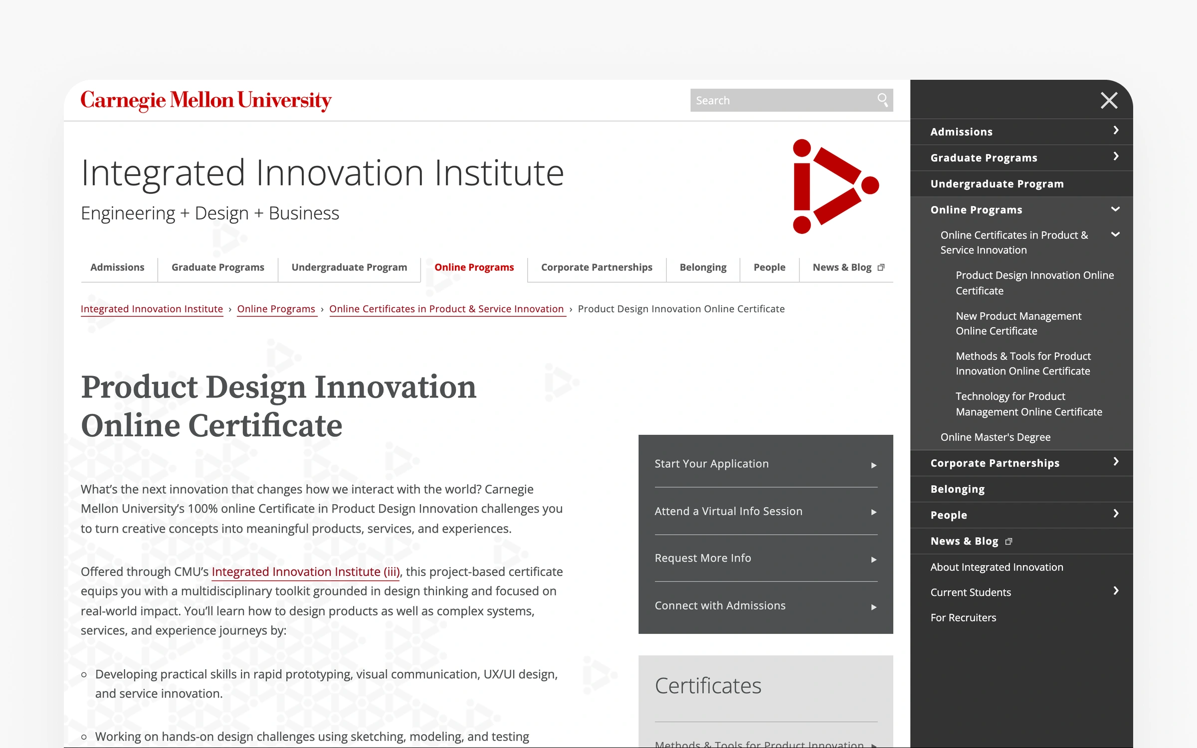 Carnegie Mellon's Product Design Innovation online certificate, stackable toward a master's