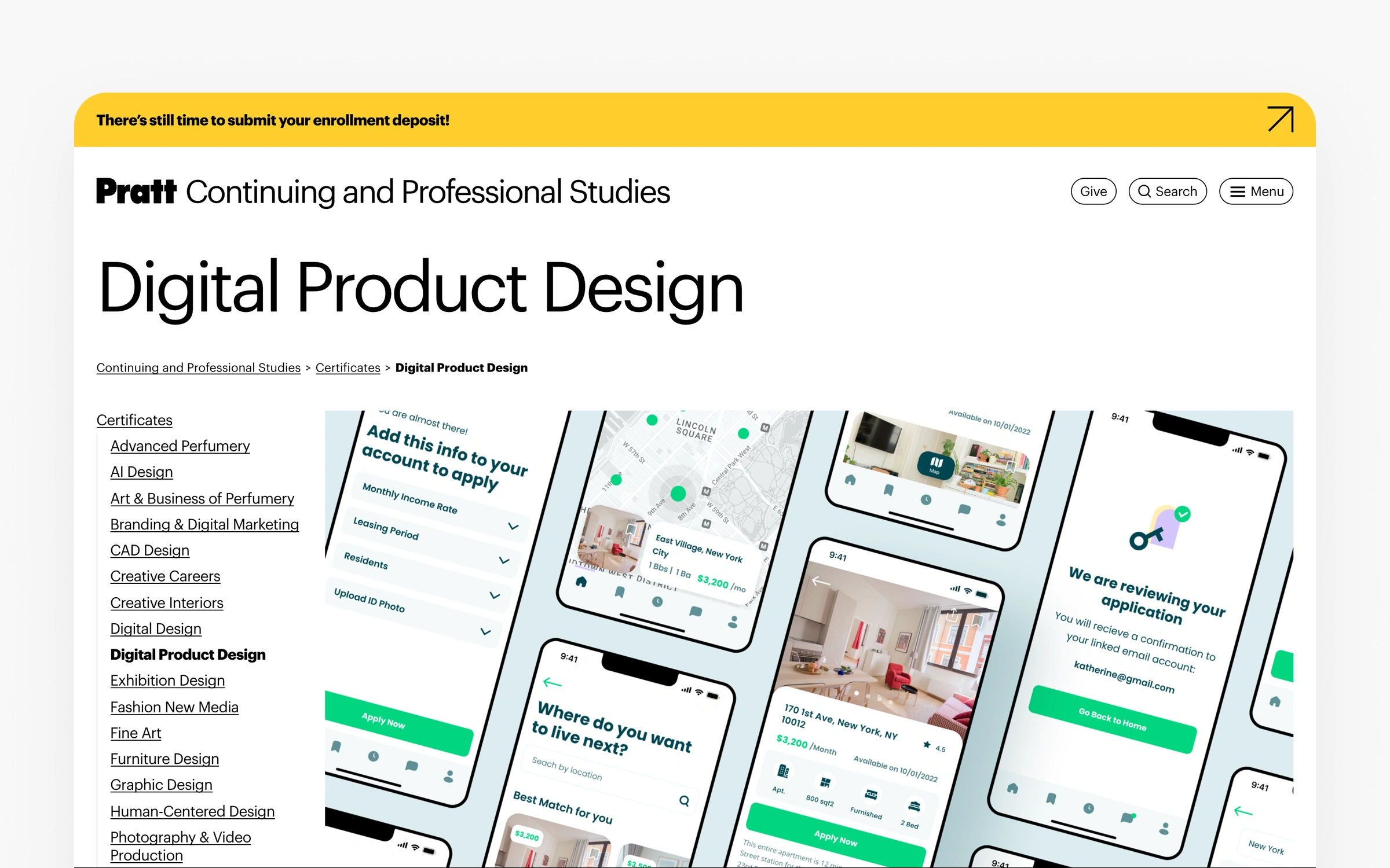Pratt's Digital Product Design certificate page, live classes about $4,000