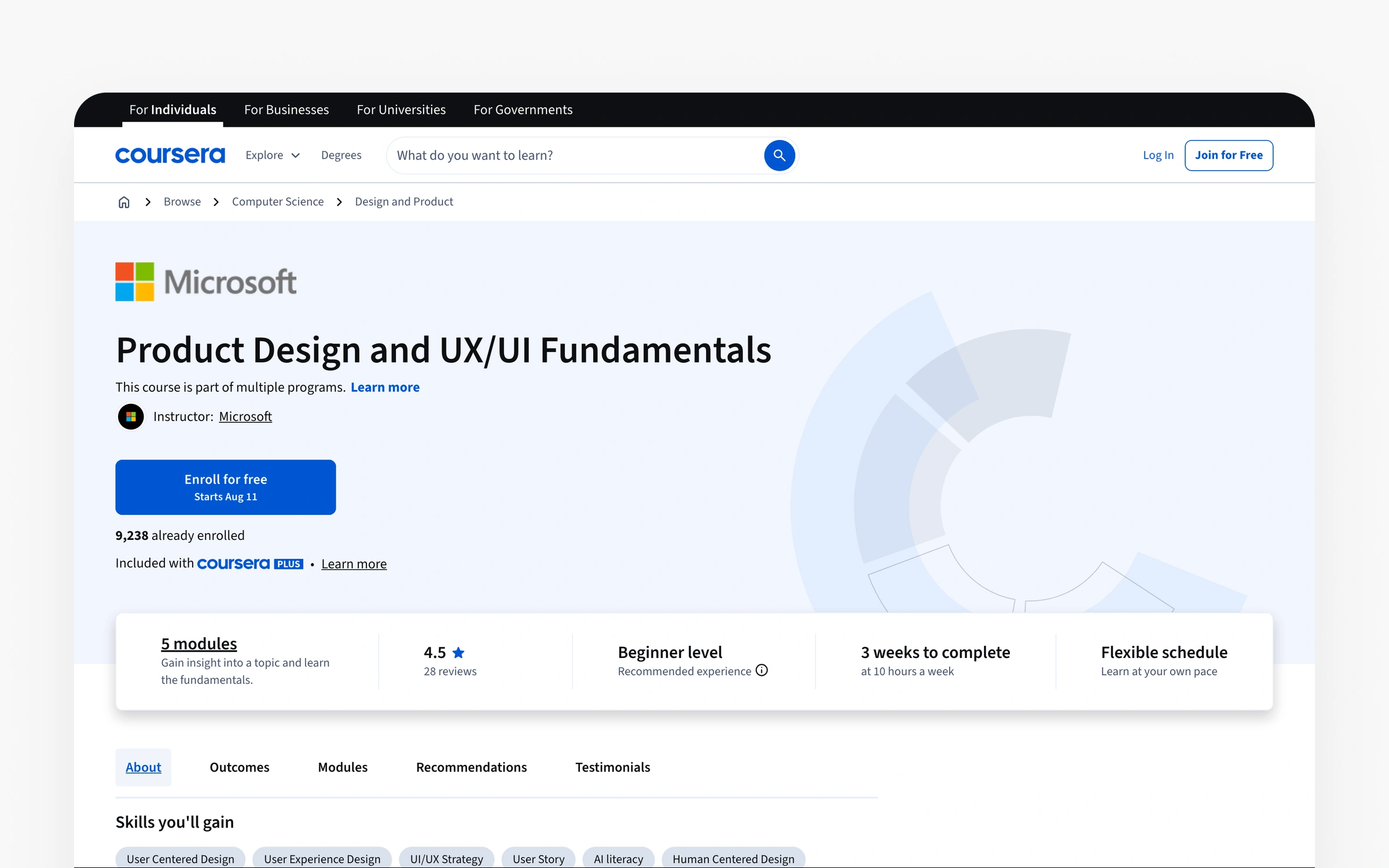 Microsoft's Product Design and UX/UI Fundamentals course on Coursera, free to audit
