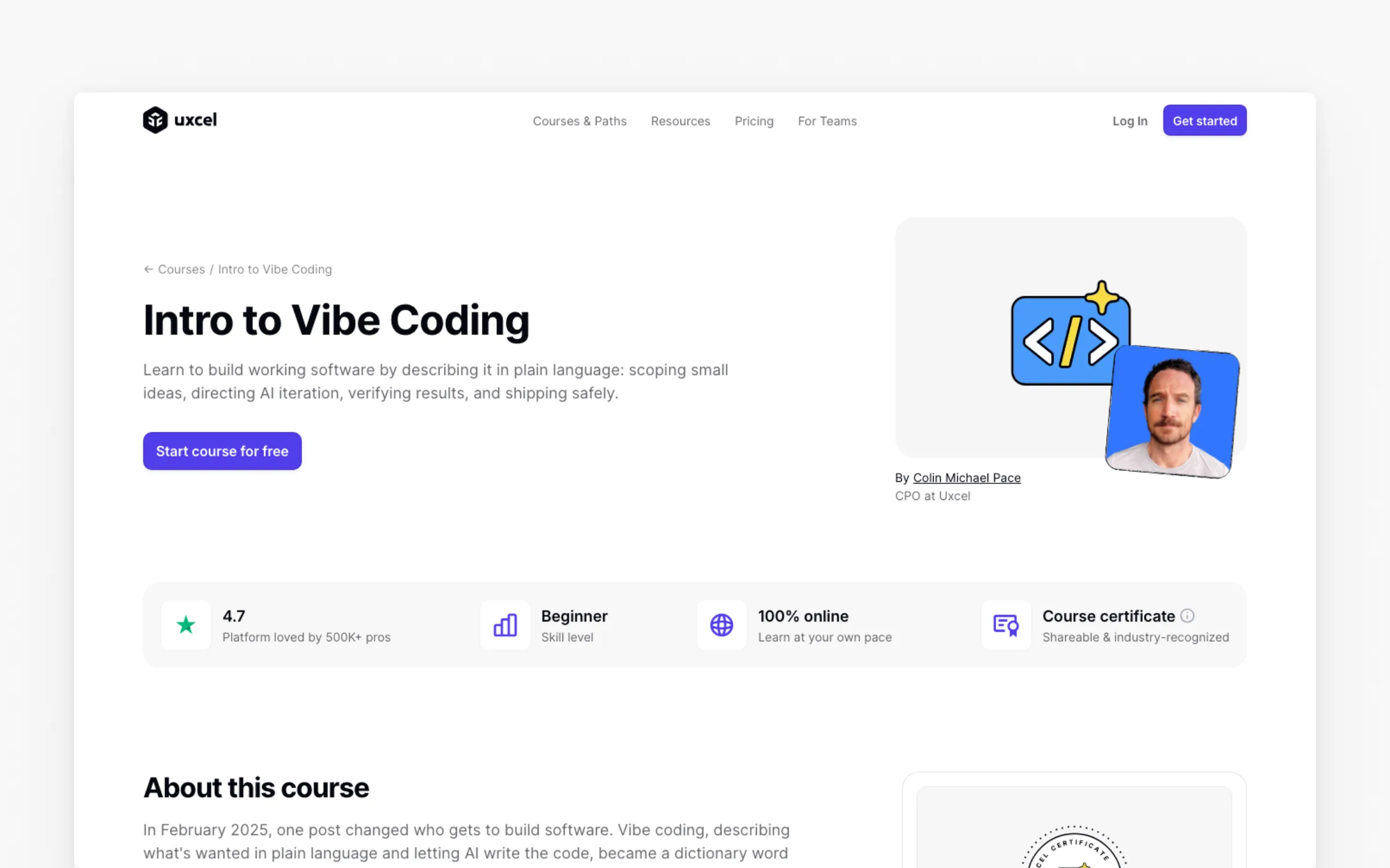 Intro to Vibe Coding course page on Uxcel, beginner level, rated 4.7, free to start